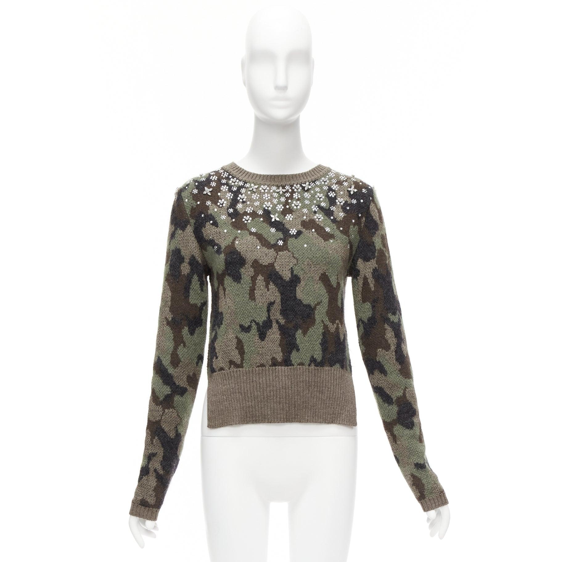 GIAMBATTISTA VALLI 2021 green camouflage mohair crystal jewel sweater IT42 S For Sale 5