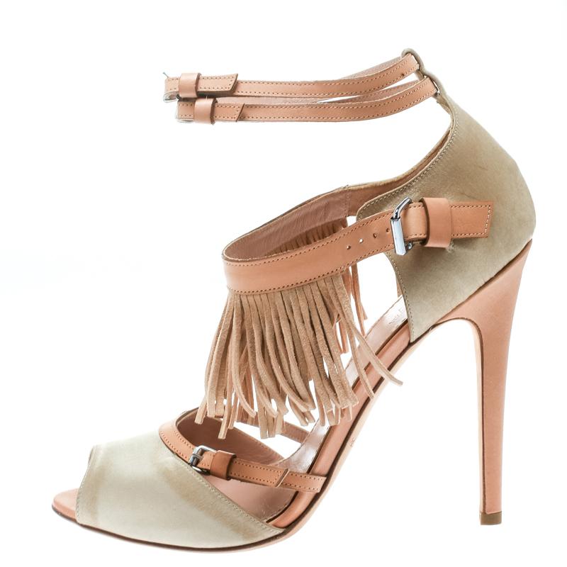 Giambattista Valli Beige Satin/Leather Trim Fringe Ankle Strap Sandals Size 40.5 1