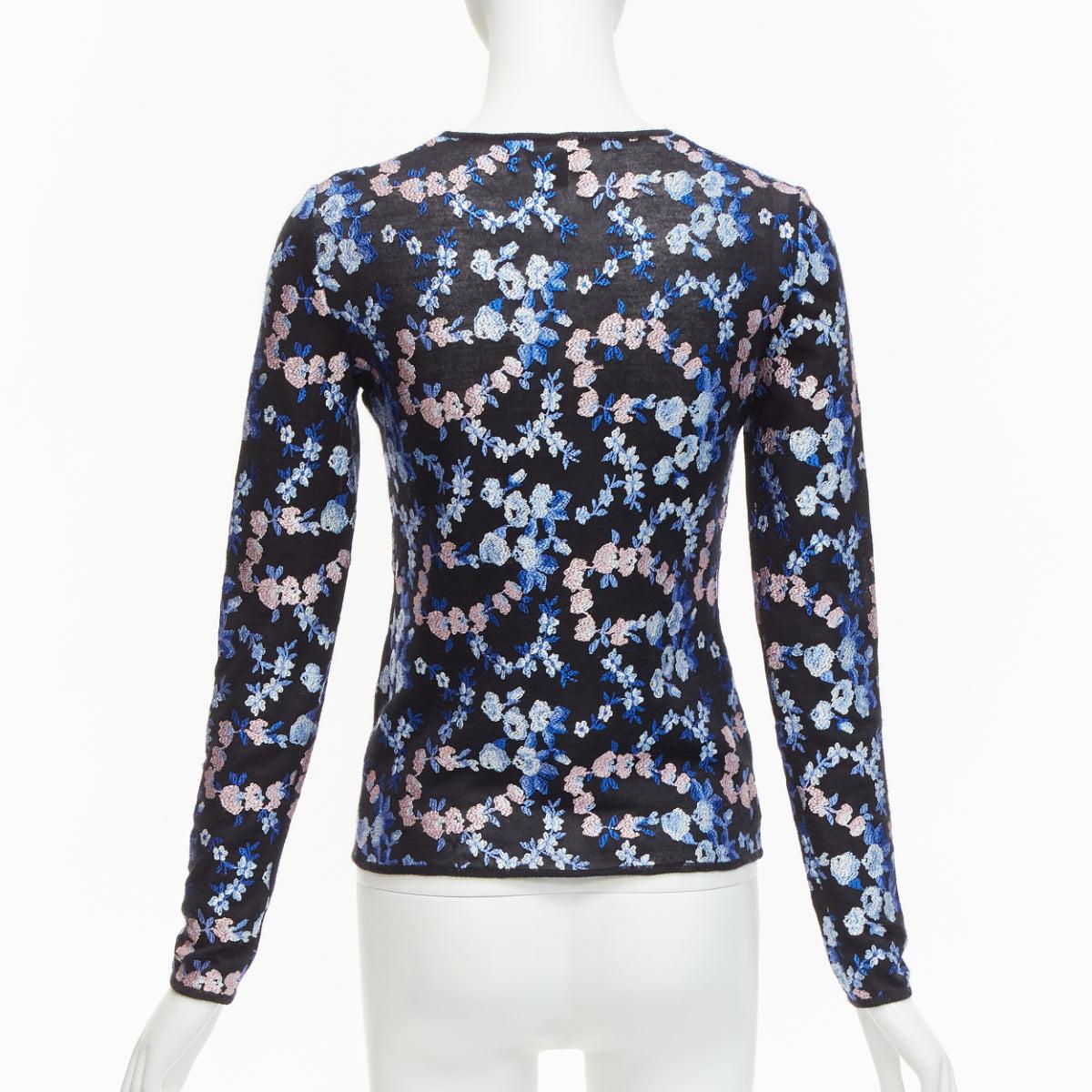 GIAMBATTISTA VALLI black cashmere silk blue pink flower embroidery top IT38 XS For Sale 1