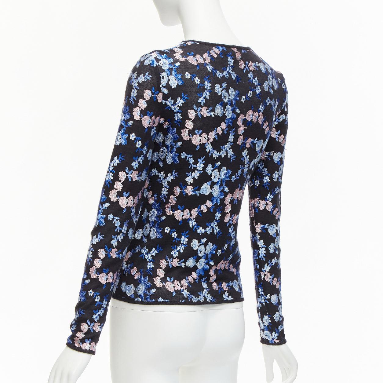 GIAMBATTISTA VALLI black cashmere silk blue pink flower embroidery top IT38 XS For Sale 1