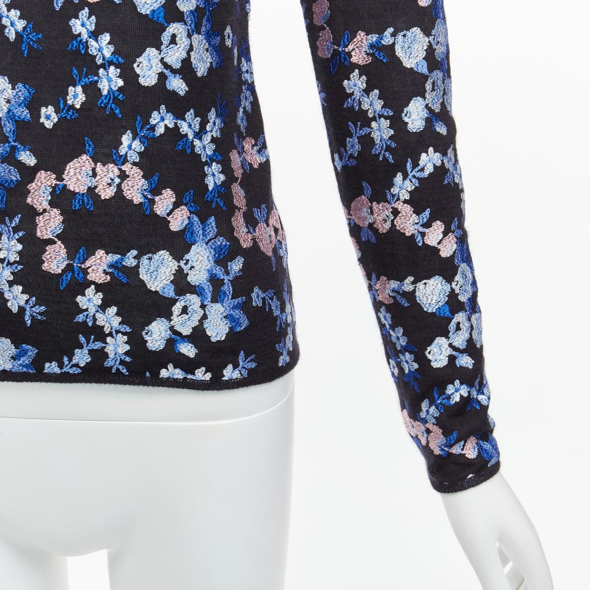 GIAMBATTISTA VALLI black cashmere silk blue pink flower embroidery top IT38 XS For Sale 2