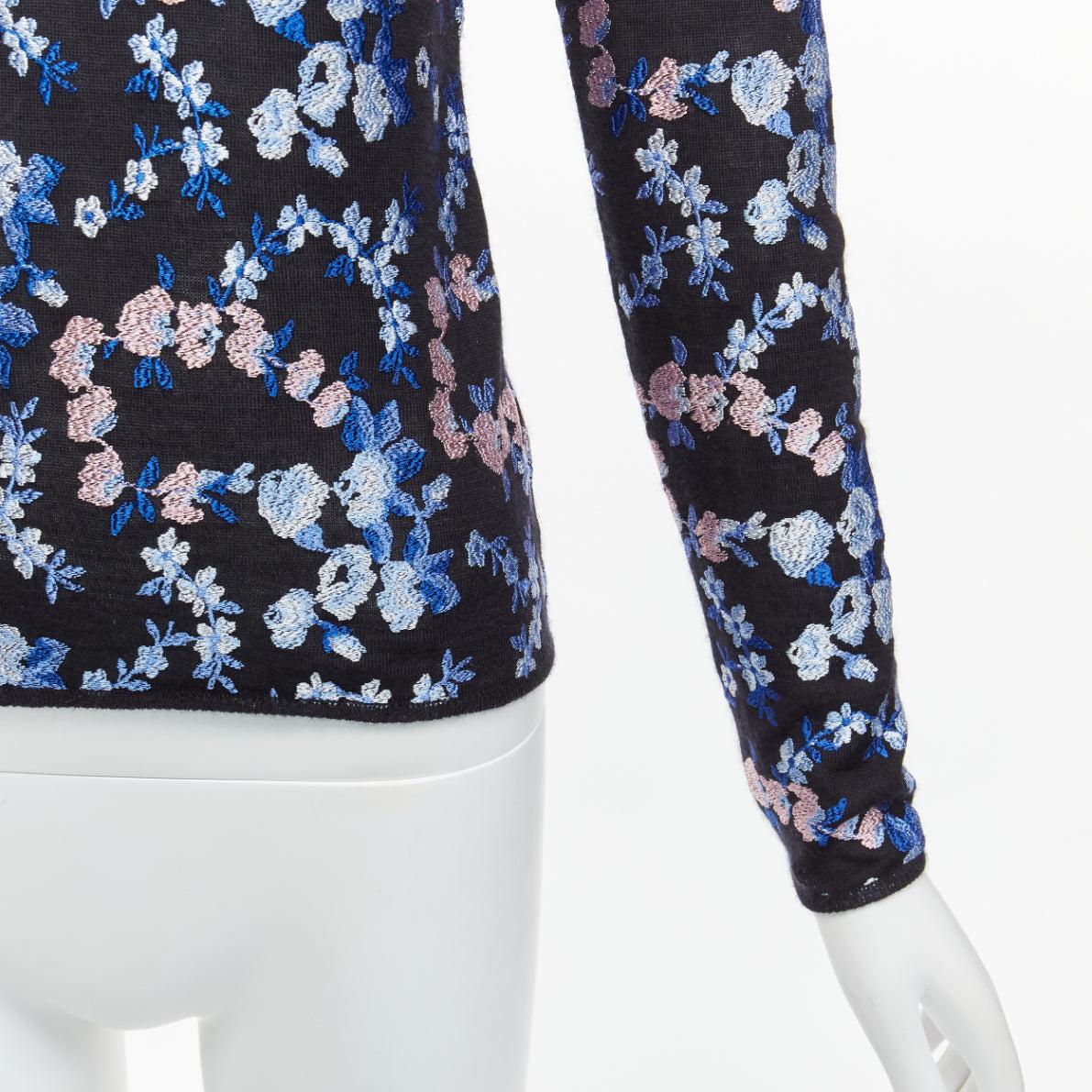 GIAMBATTISTA VALLI black cashmere silk blue pink flower embroidery top IT38 XS For Sale 3