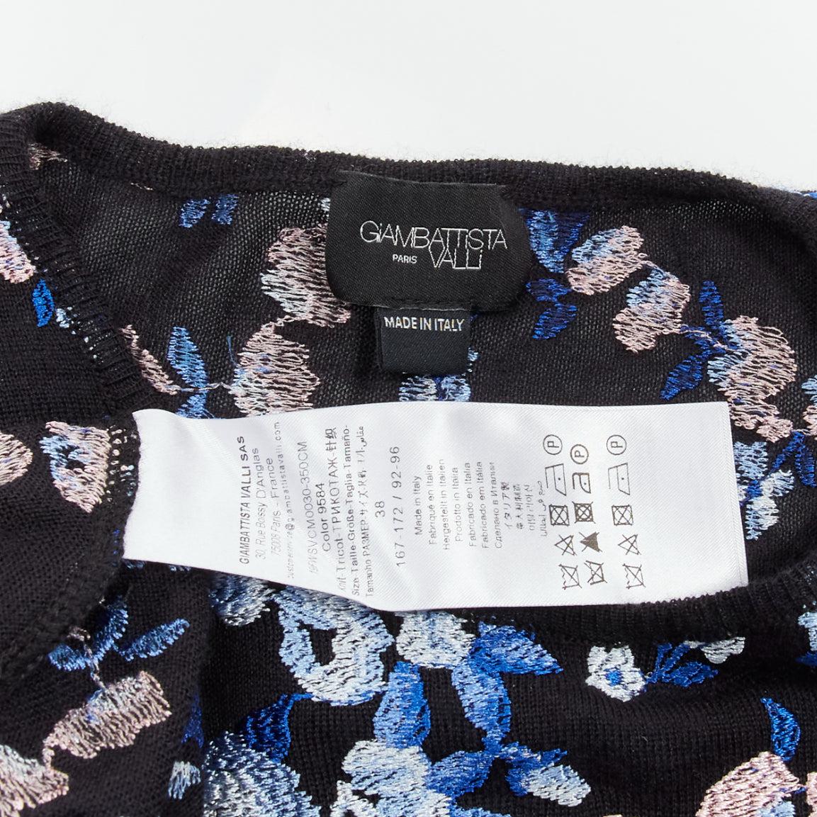 GIAMBATTISTA VALLI black cashmere silk blue pink flower embroidery top IT38 XS For Sale 3
