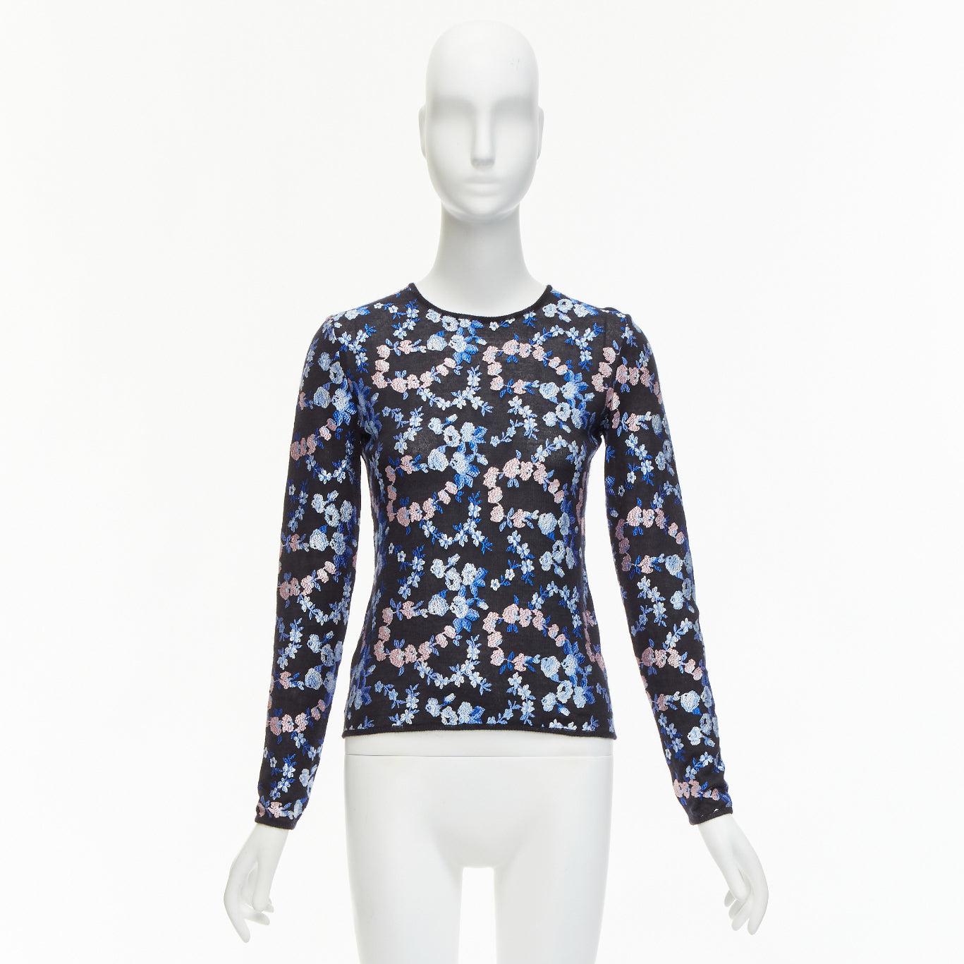 GIAMBATTISTA VALLI black cashmere silk blue pink flower embroidery top IT38 XS For Sale 4