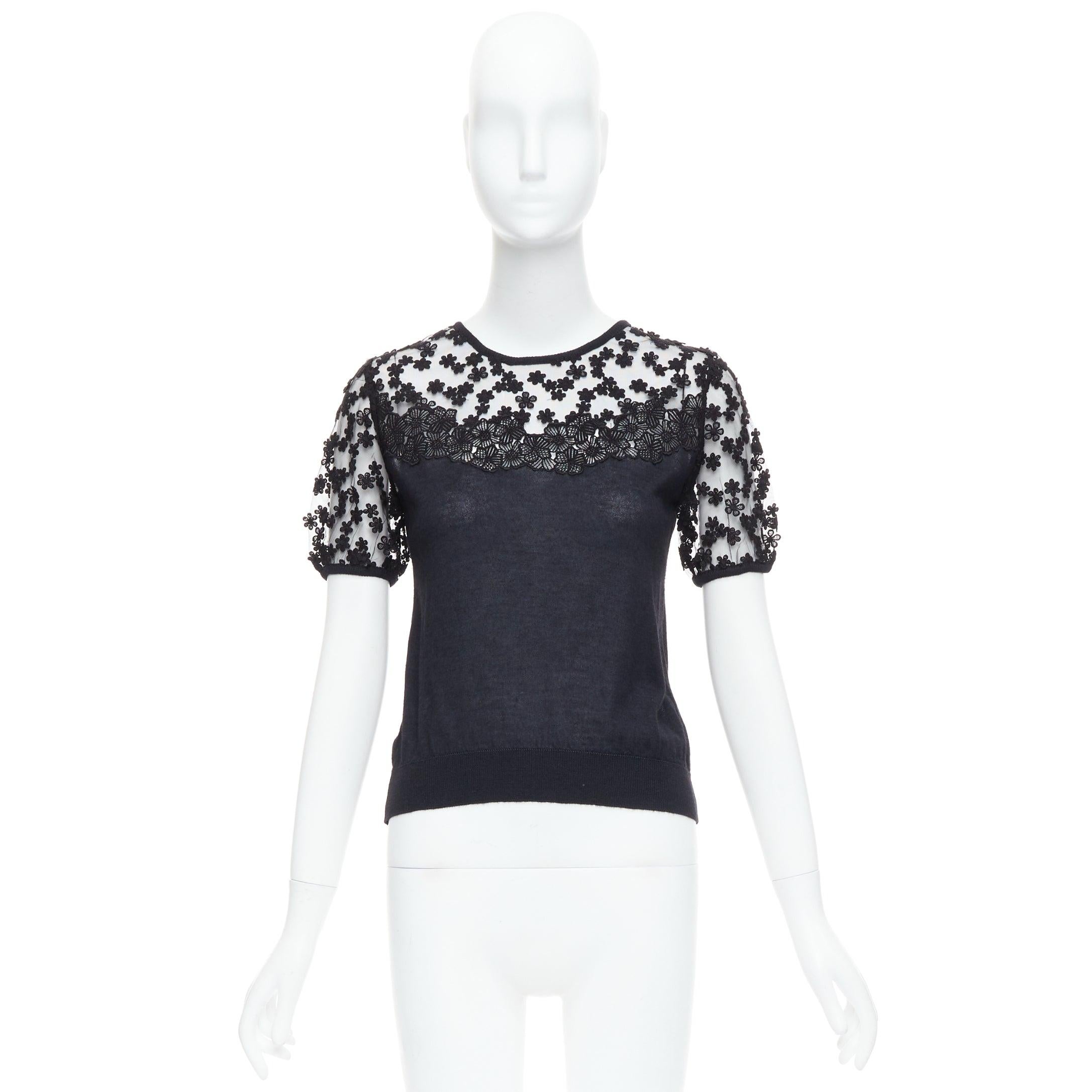GIAMBATTISTA VALLI black cashmere silk floral sheer lace panel sweater IT38 XS For Sale 5