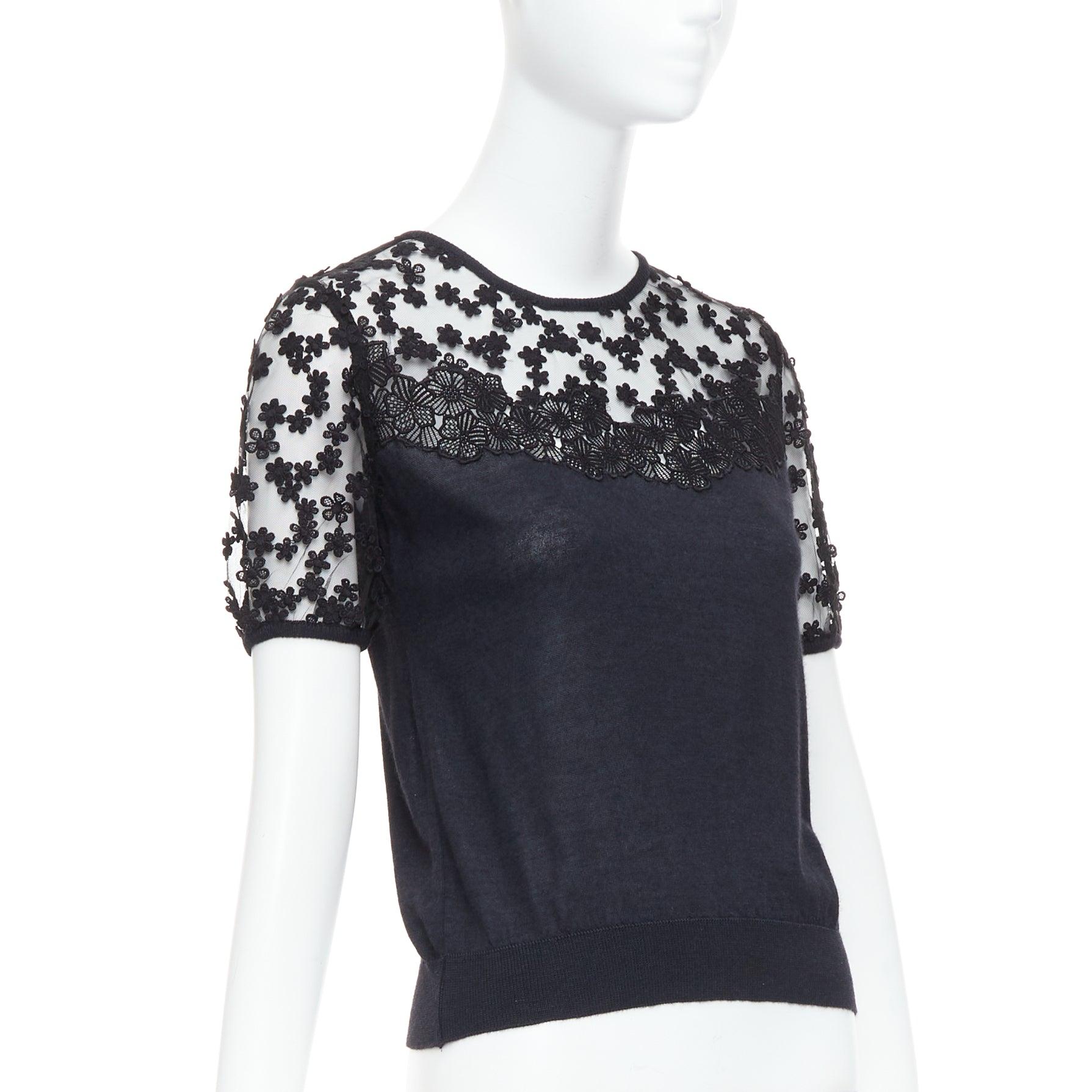 Black GIAMBATTISTA VALLI black cashmere silk floral sheer lace panel sweater IT38 XS For Sale