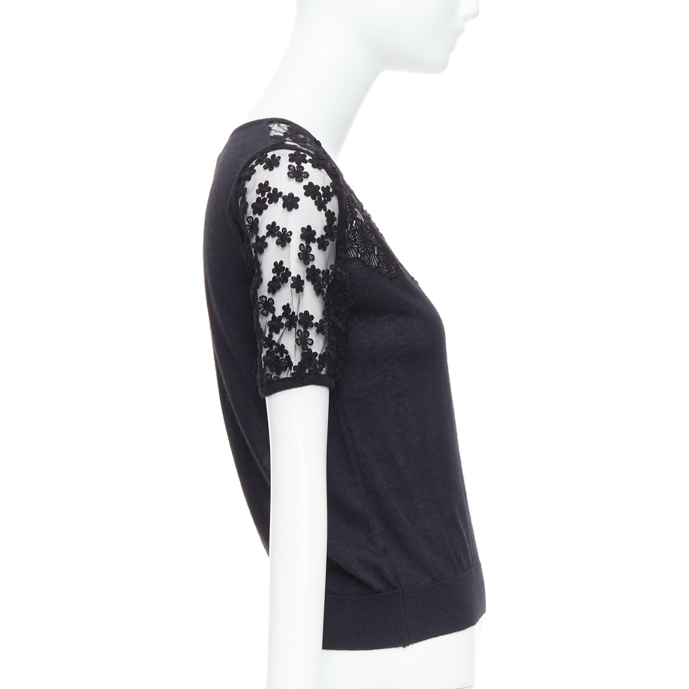 GIAMBATTISTA VALLI black cashmere silk floral sheer lace panel sweater IT38 XS In Excellent Condition For Sale In Hong Kong, NT