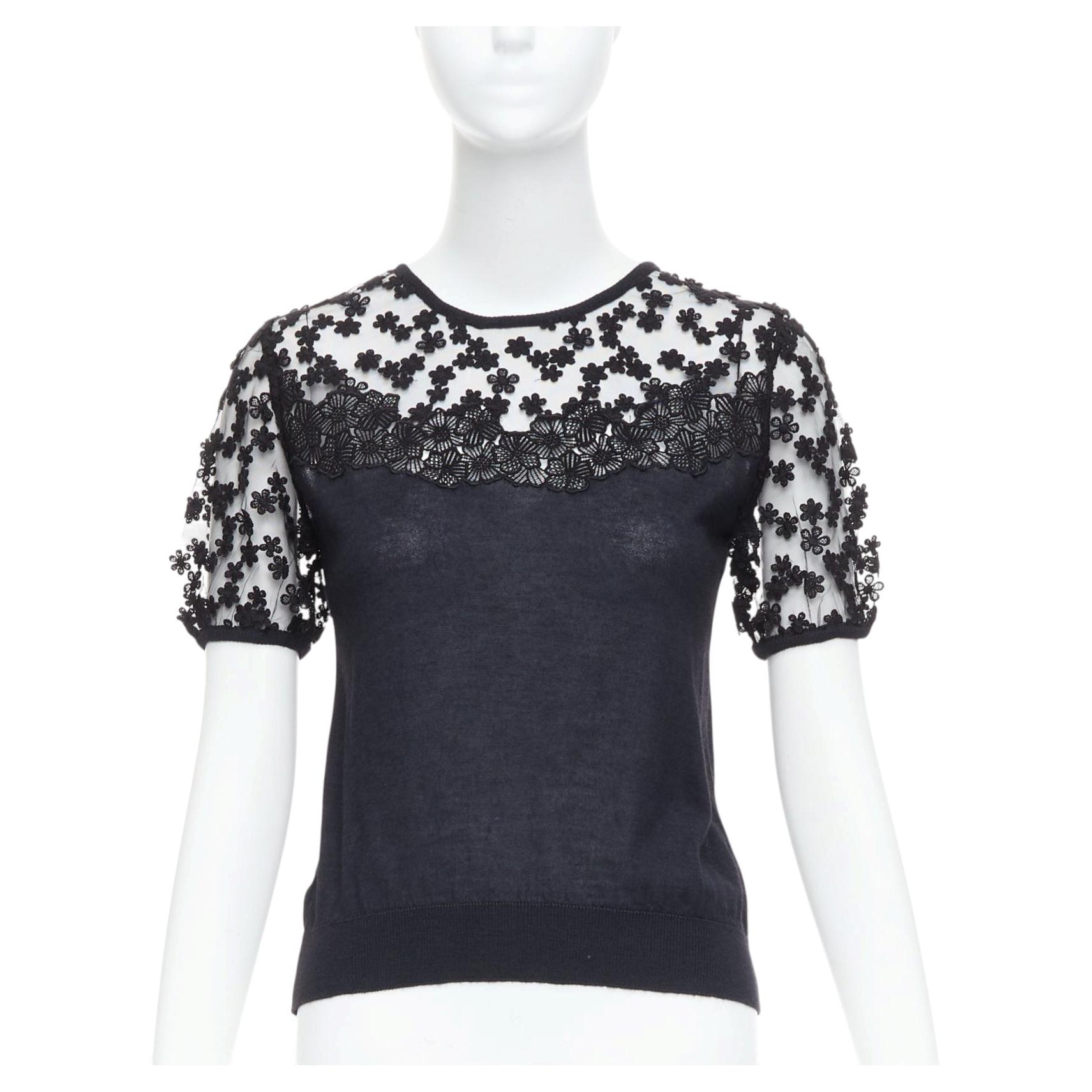 GIAMBATTISTA VALLI black cashmere silk floral sheer lace panel sweater IT38 XS