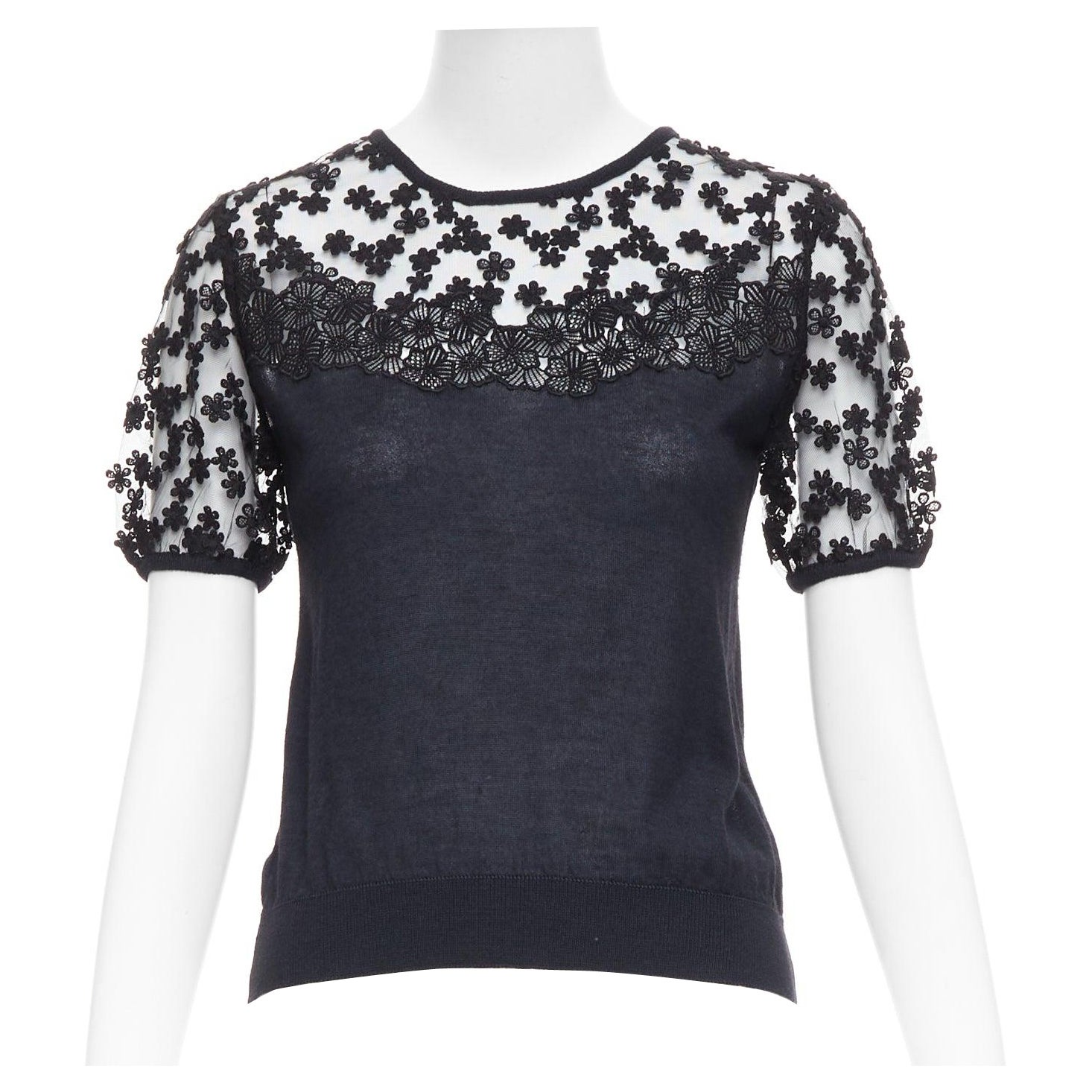 GIAMBATTISTA VALLI schwarzer Kaschmir-Seidenpullover mit floraler Spitze IT38 XS