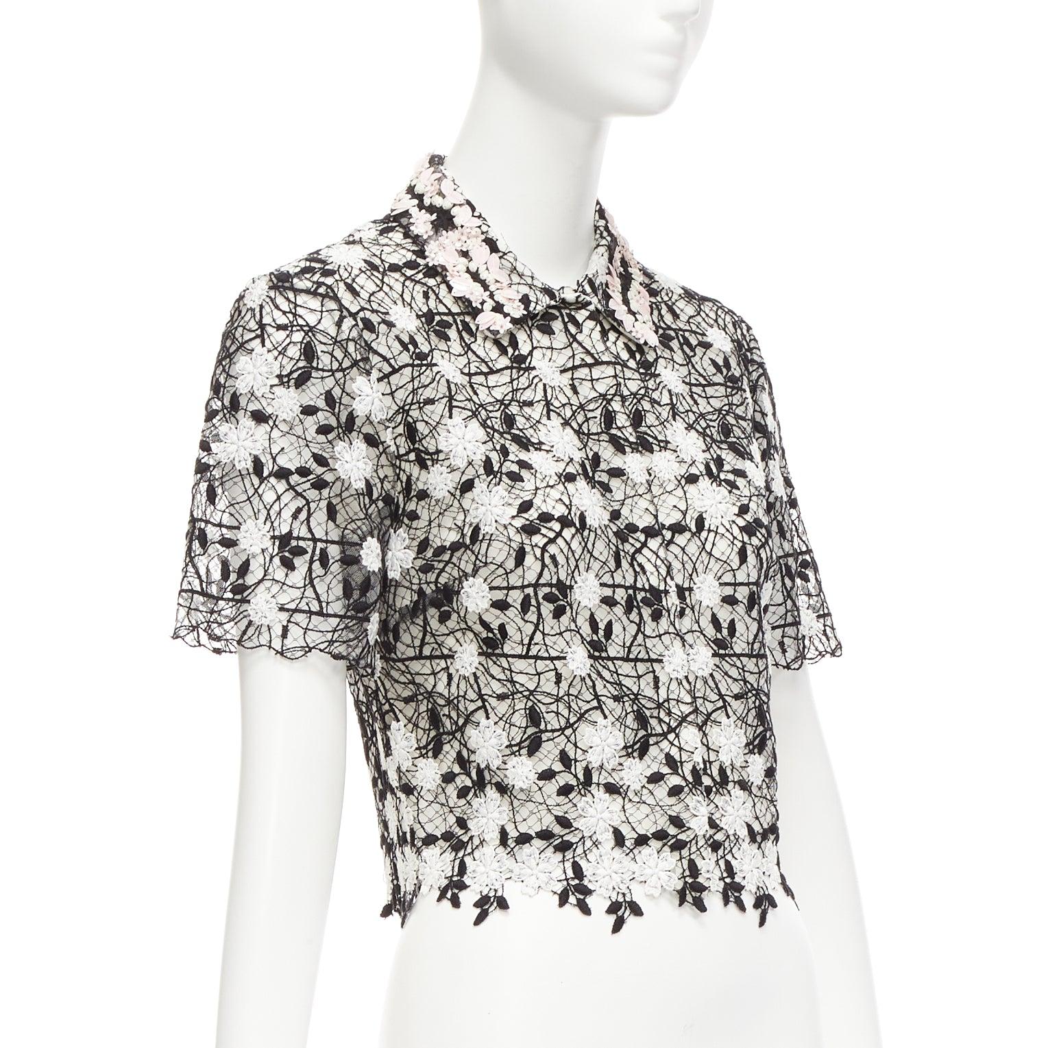 Gray GIAMBATTISTA VALLI black cotton blend lace pink applique cropped shirt IT38 XS For Sale