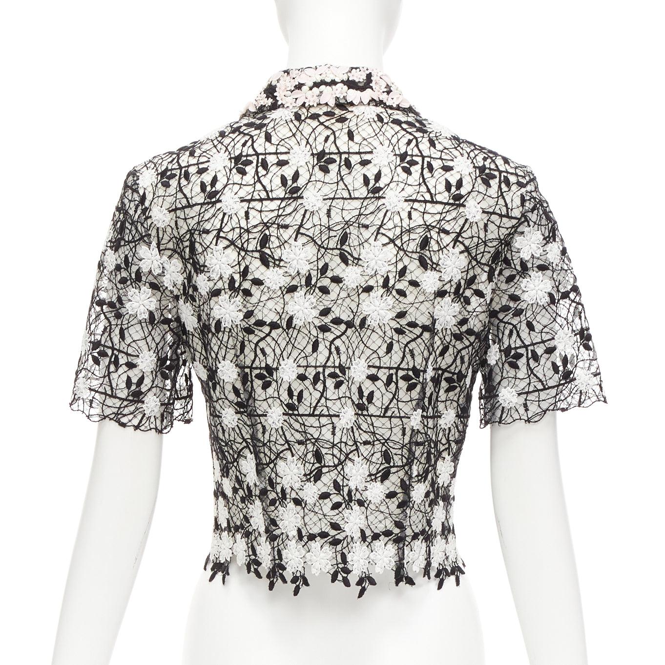 Women's GIAMBATTISTA VALLI black cotton blend lace pink applique cropped shirt IT38 XS For Sale