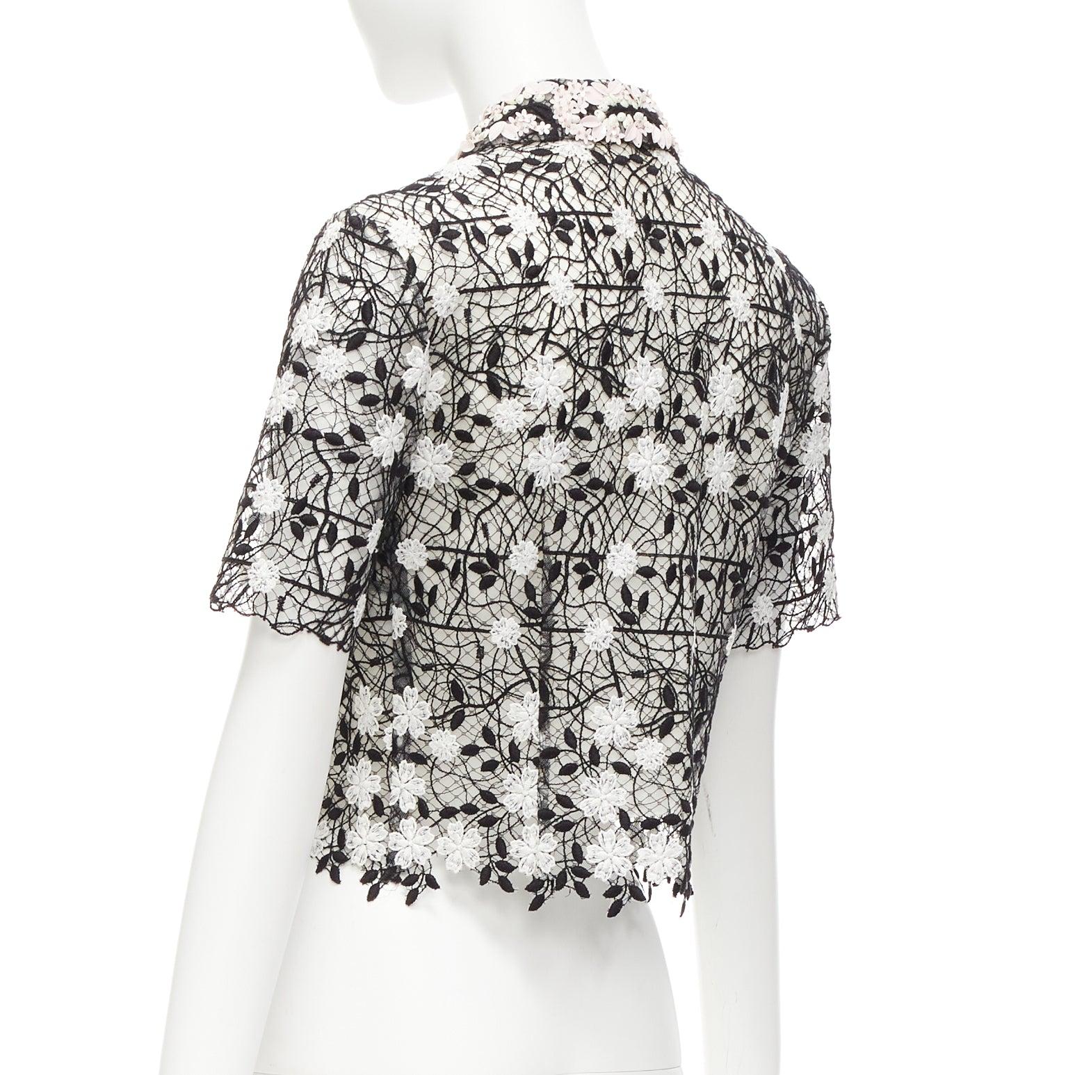GIAMBATTISTA VALLI black cotton blend lace pink applique cropped shirt IT38 XS For Sale 1