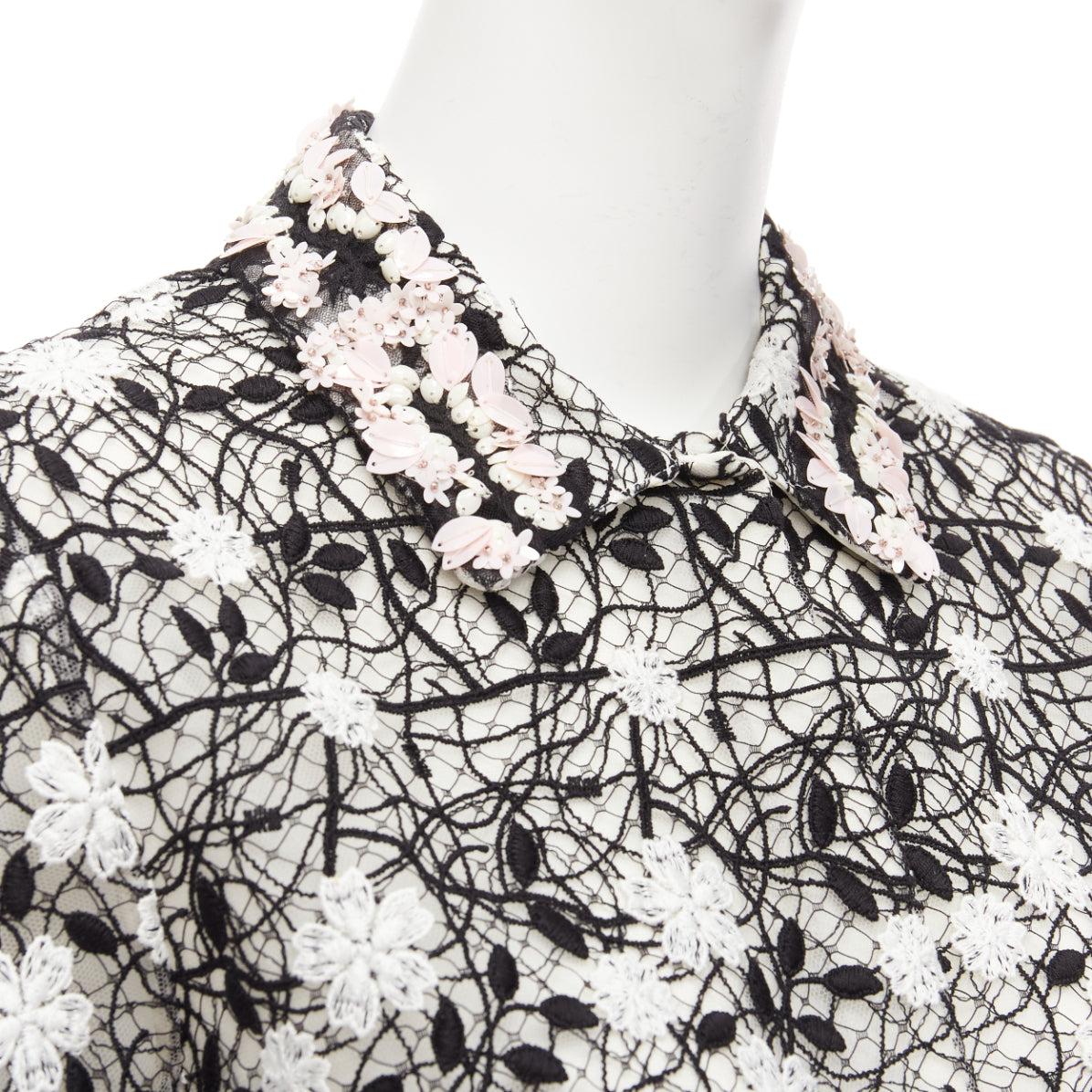 GIAMBATTISTA VALLI black cotton blend lace pink applique cropped shirt IT38 XS For Sale 2