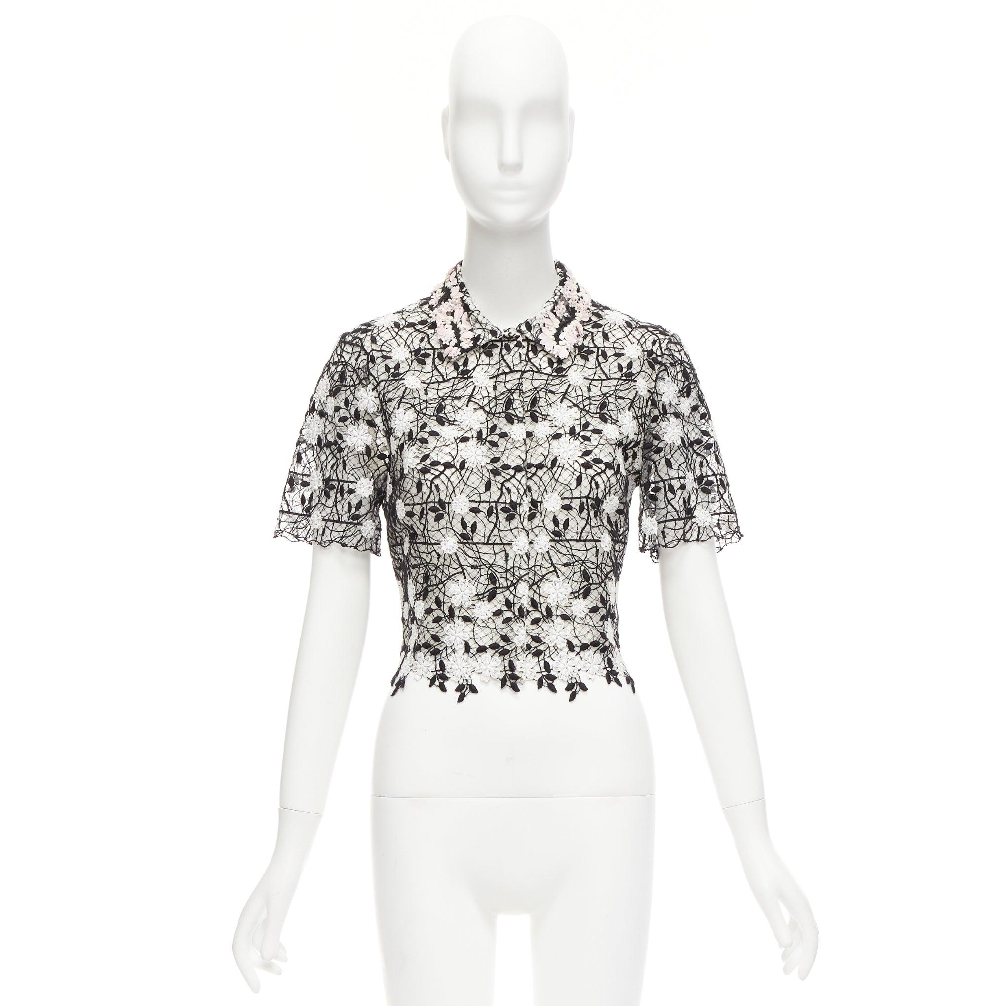 GIAMBATTISTA VALLI black cotton blend lace pink applique cropped shirt IT38 XS For Sale 4