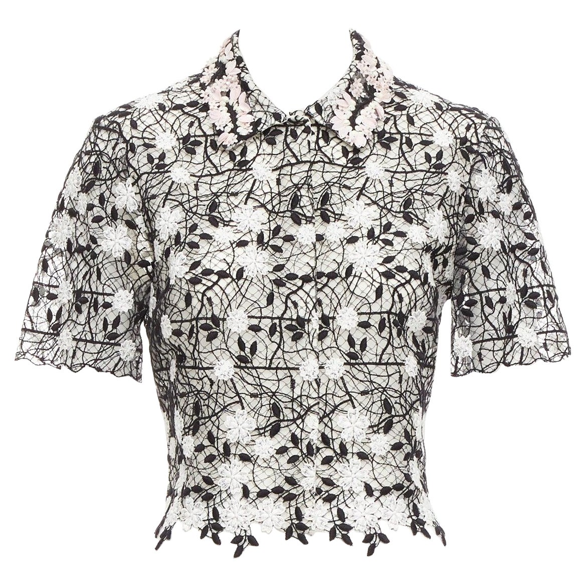 GIAMBATTISTA VALLI chemise courte noire en coton mélangé dentelle rose applique IT38 XS en vente