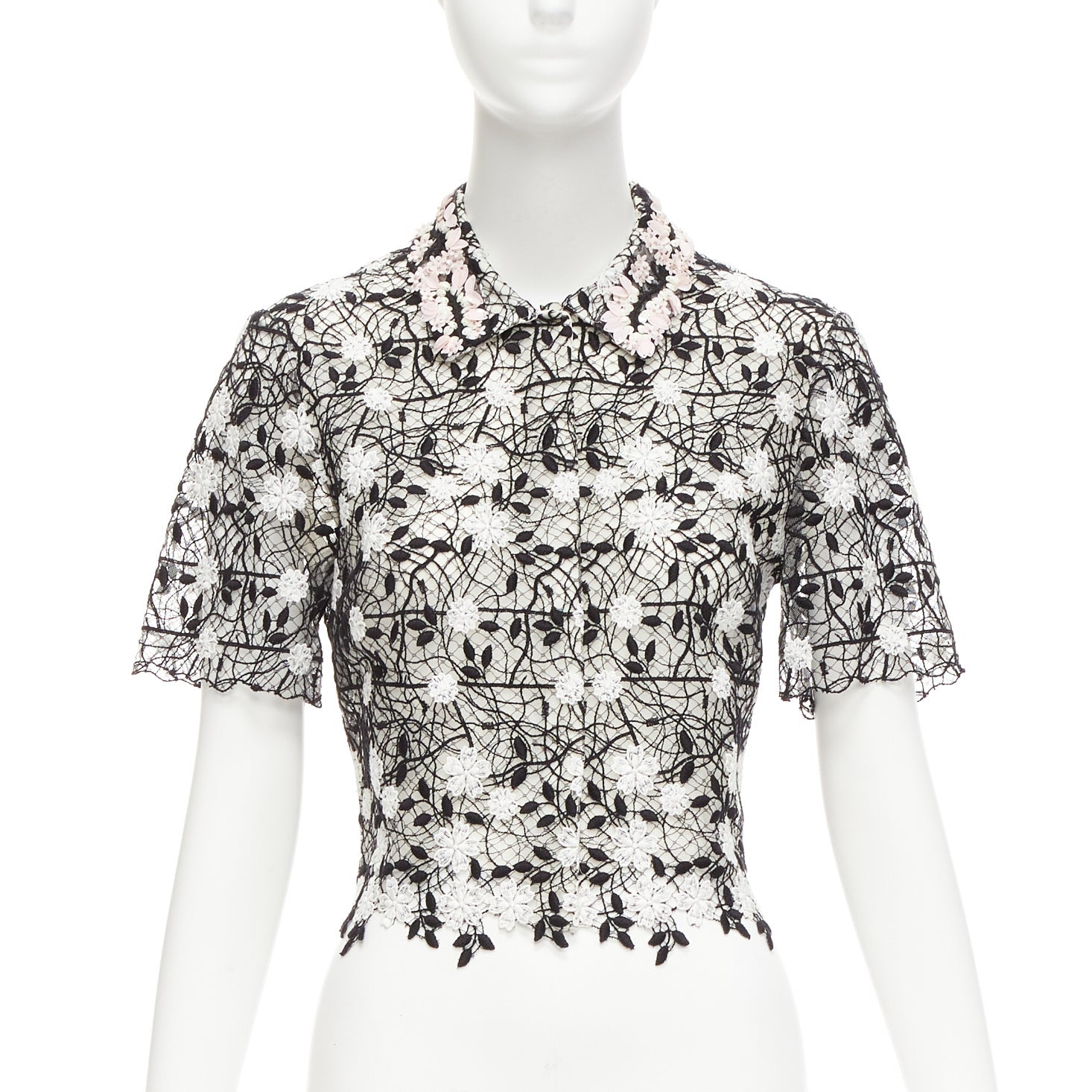 GIAMBATTISTA VALLI Schwarzes Hemd aus Baumwollmischung und Spitze mit rosa Applikation IT38 XS im Angebot