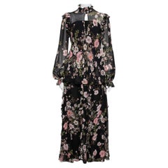Giambattista Valli Black Floral Printed Silk Ruffle Trimmed Skirt & Blouse Set S