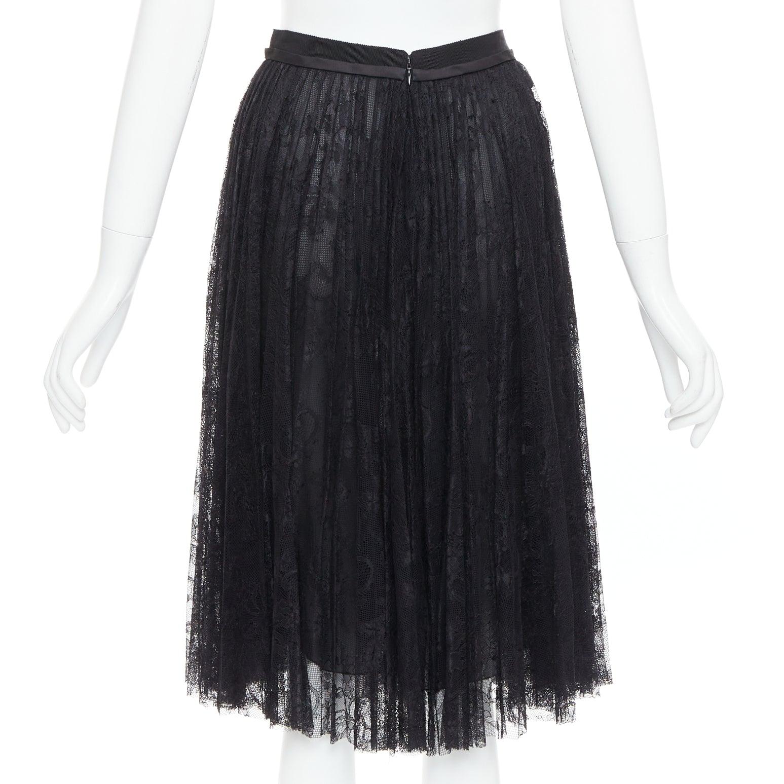 Women's GIAMBATTISTA VALLI black lace silk bow trim pleated knee skirt IT38 XXS For Sale