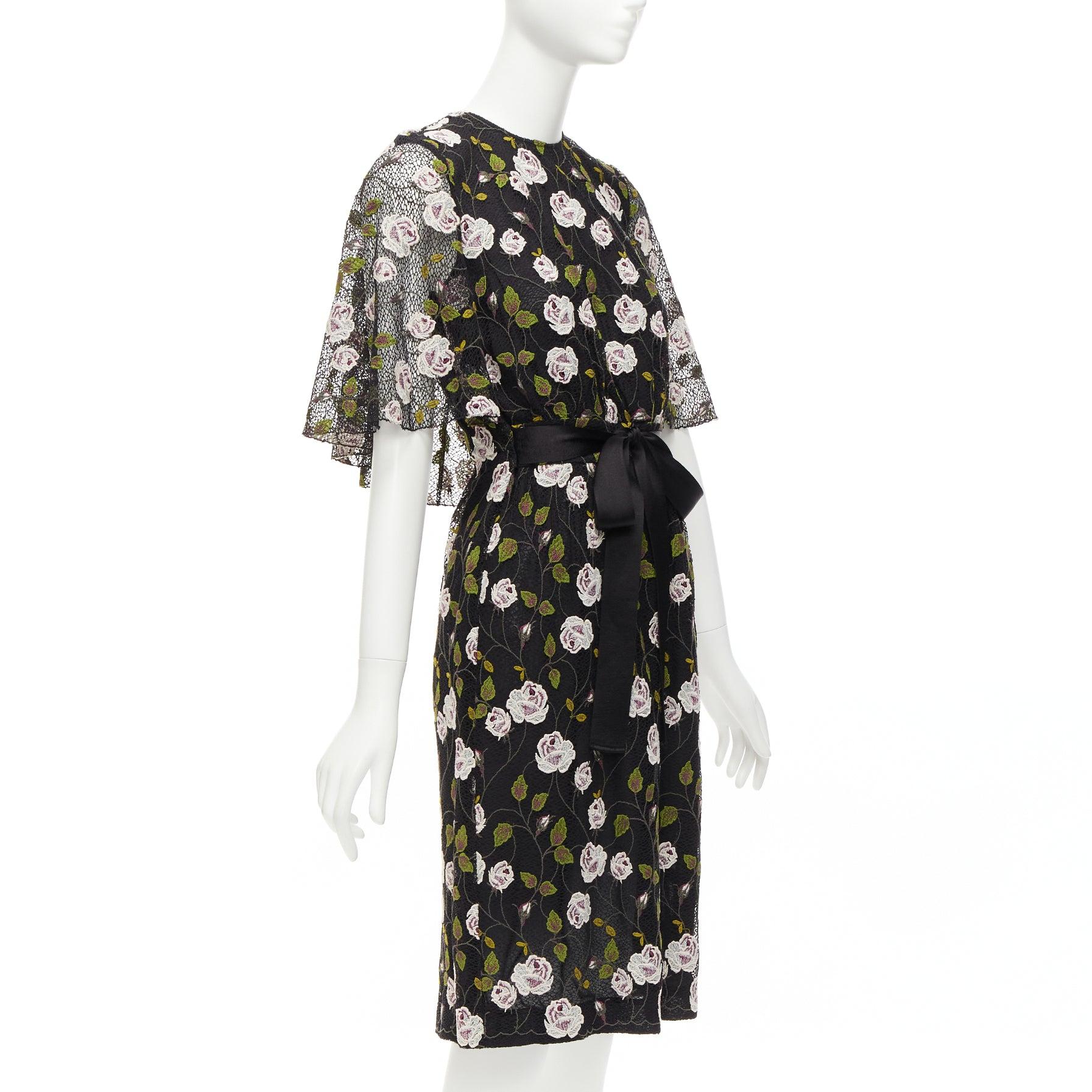 GIAMBATTISTA VALLI black pink floral lace cape back belt tie dress IT38 XS In Good Condition For Sale In Hong Kong, NT