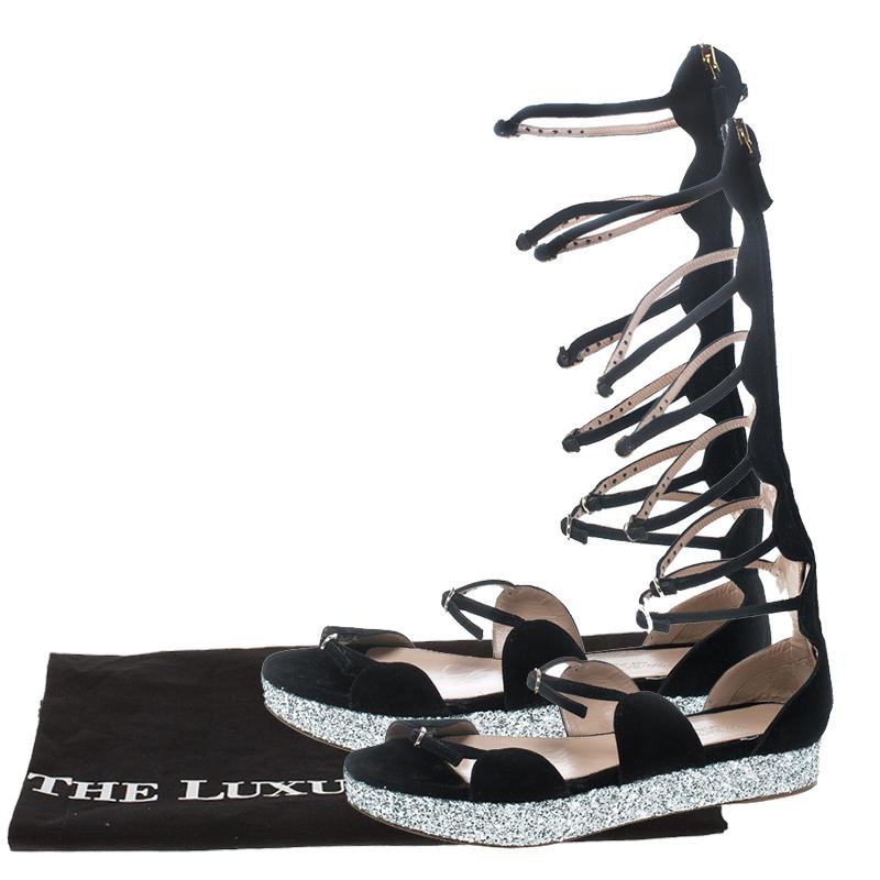 Giambattista Valli Black Suede Glitter Platform Flat Gladiator Sandals Size 38.5 4