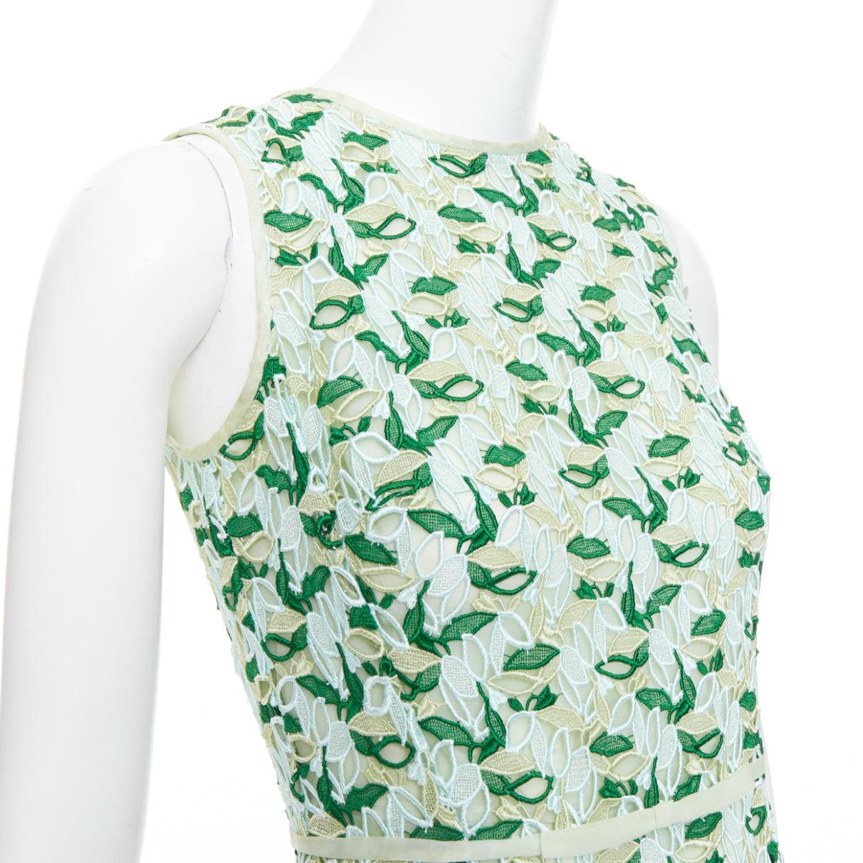 GIAMBATTISTA VALLI blue green silk blend leaf embroidery lace cocktail dress XXS For Sale 2