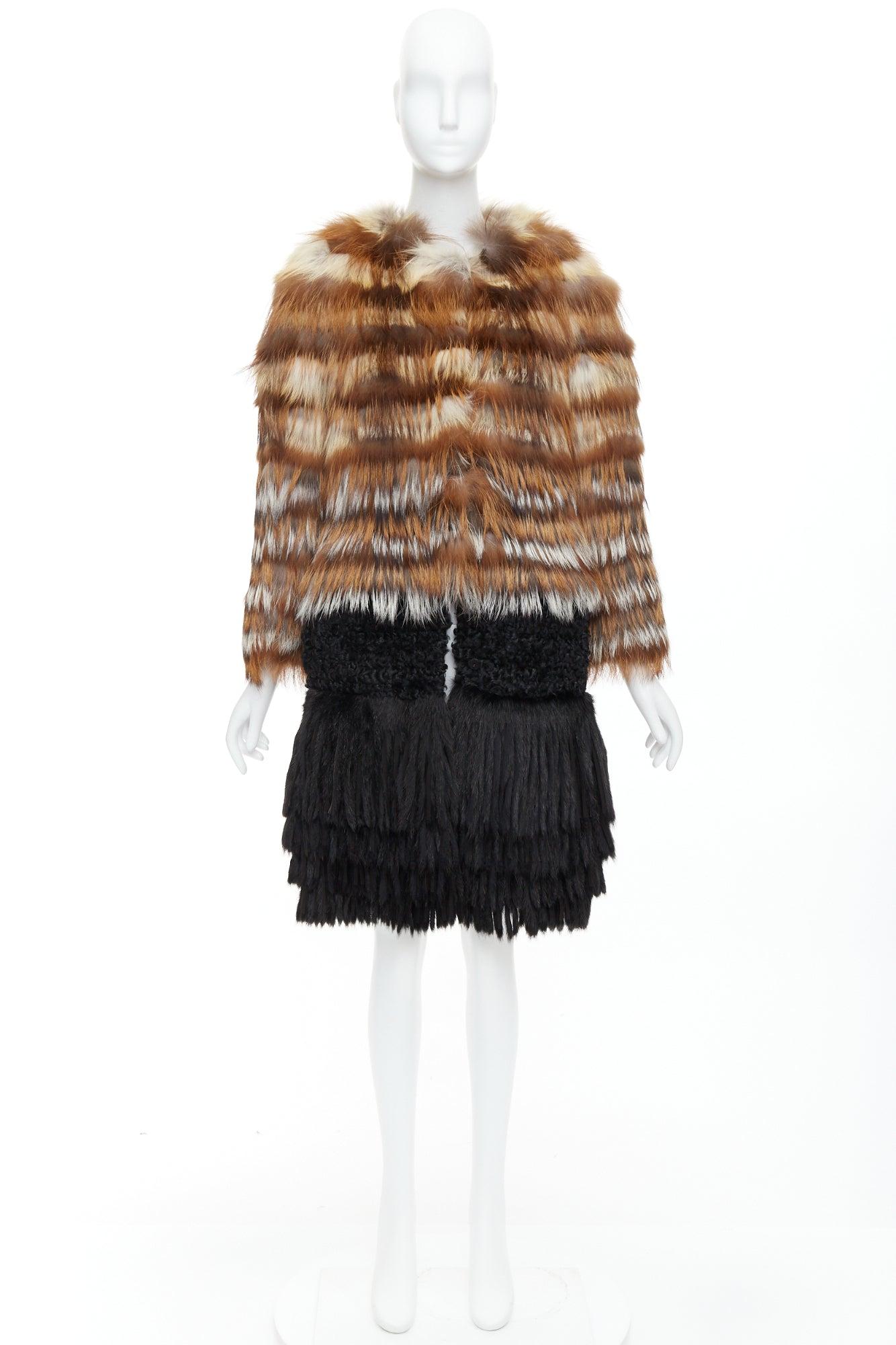 GIAMBATTISTA VALLI brown black mixed fur fringe hem long coat For Sale 5