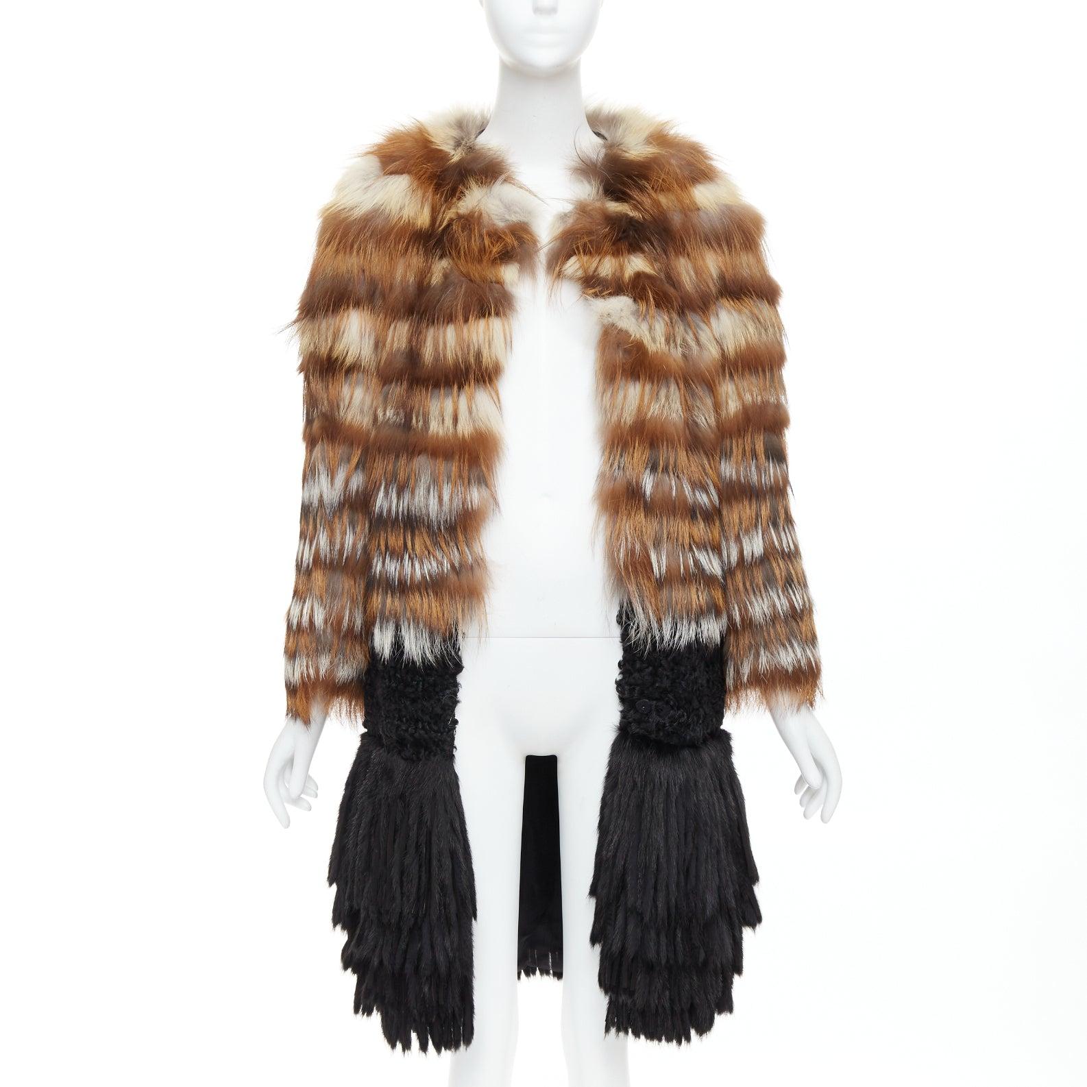 Black GIAMBATTISTA VALLI brown black mixed fur fringe hem long coat For Sale