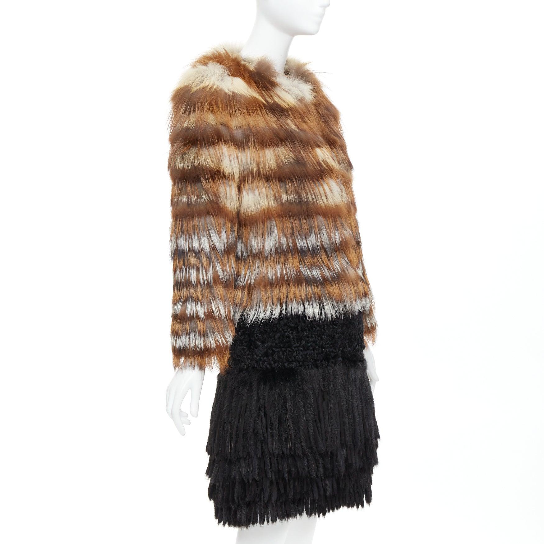 GIAMBATTISTA VALLI brown black mixed fur fringe hem long coat In Excellent Condition For Sale In Hong Kong, NT