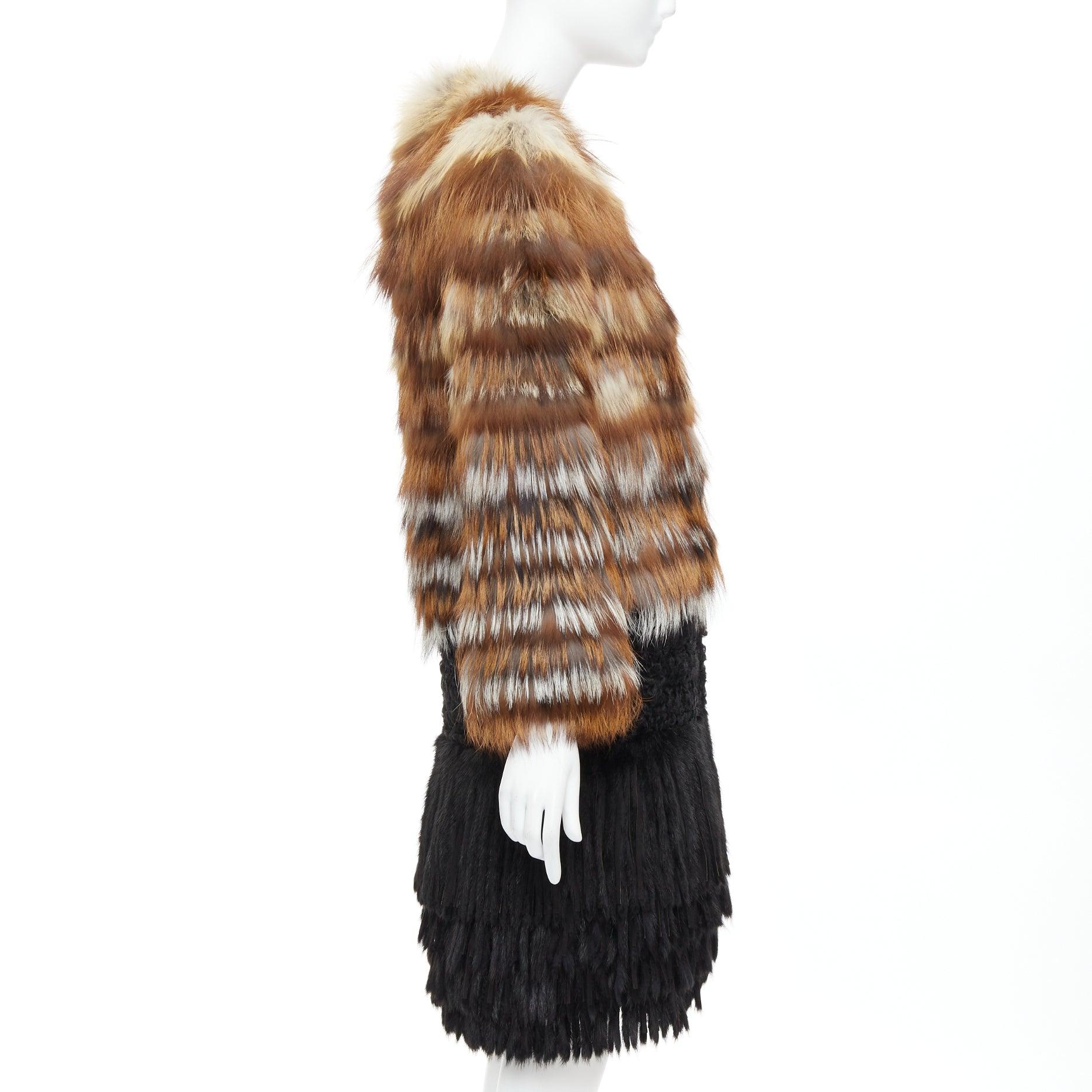 Women's GIAMBATTISTA VALLI brown black mixed fur fringe hem long coat For Sale