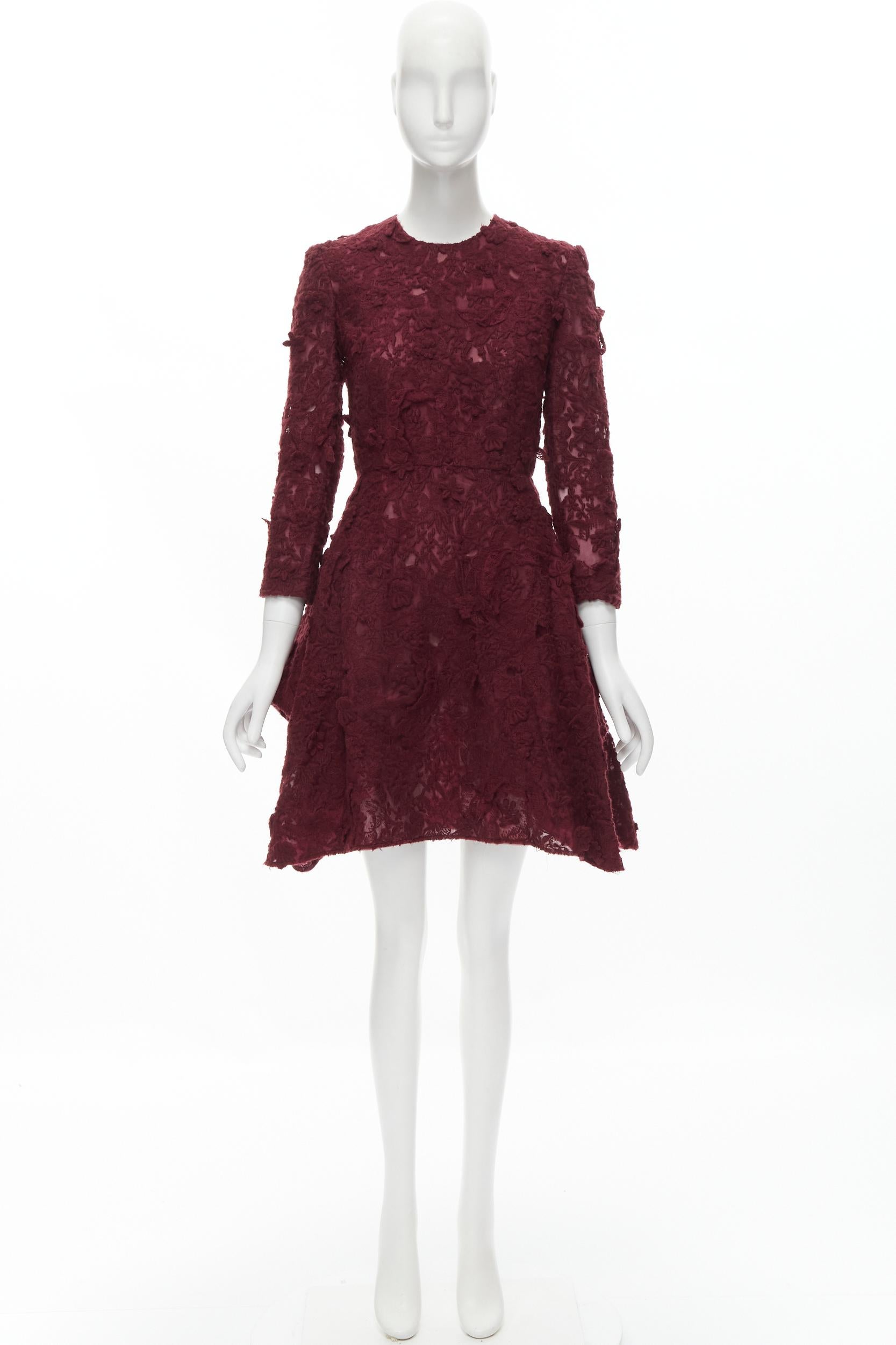 GIAMBATTISTA VALLI burgundy red floral 3D lace fit flared cocktail dress XS For Sale 1