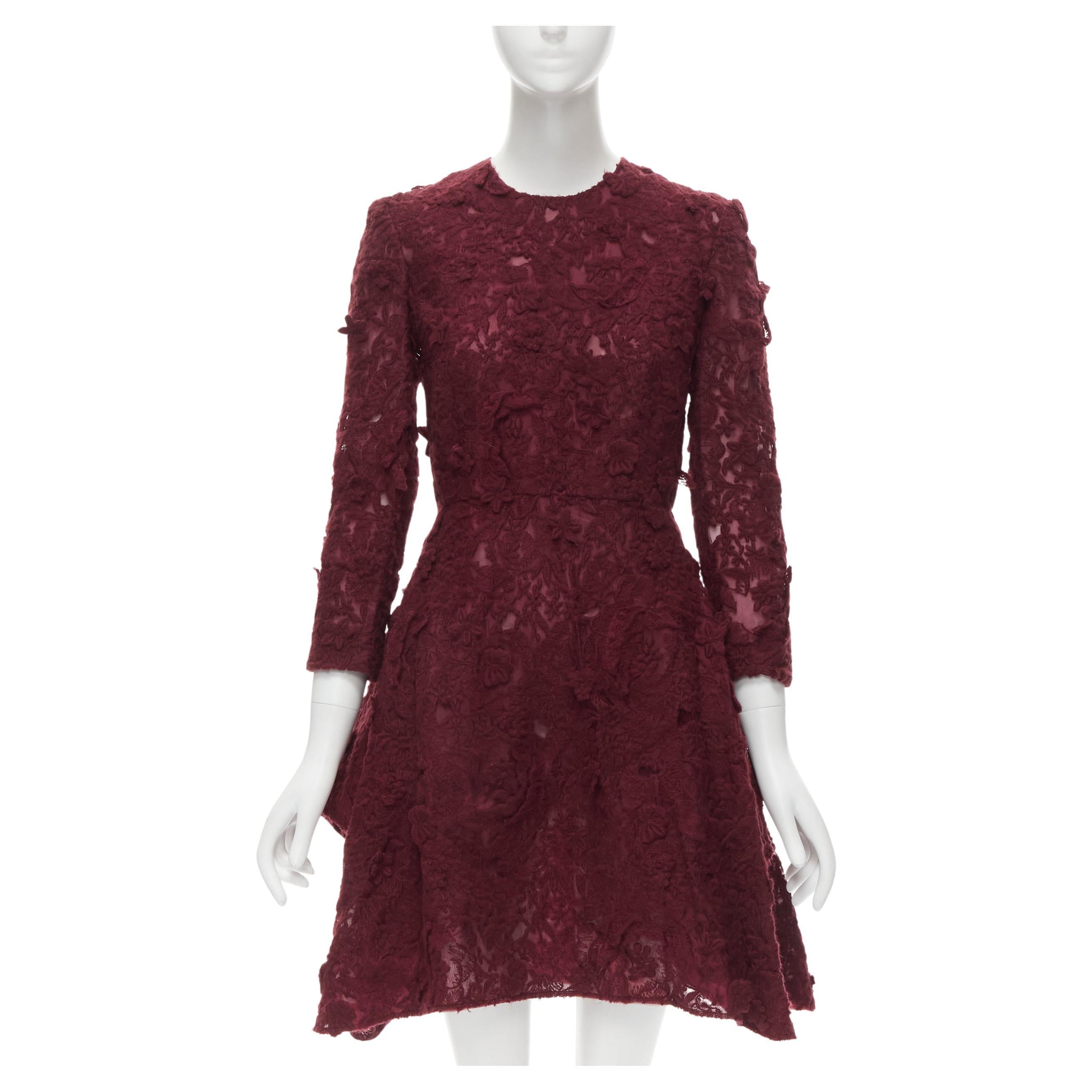 GIAMBATTISTA VALLI burgundy red floral 3D lace fit flared cocktail dress XS For Sale