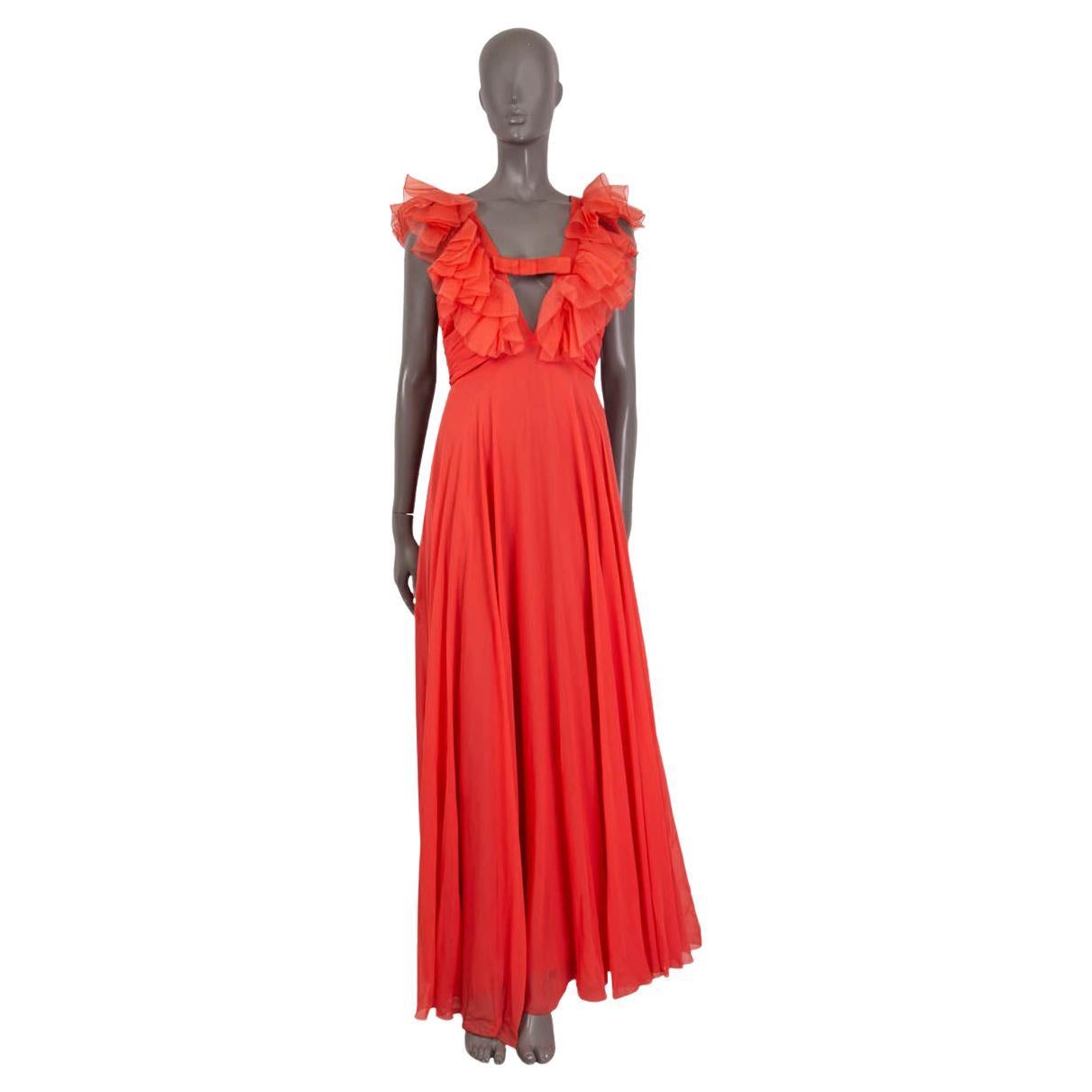 GIAMBATTISTA VALLI coral red silk RUFFLE V-NECK Gown Dress 42 M For Sale