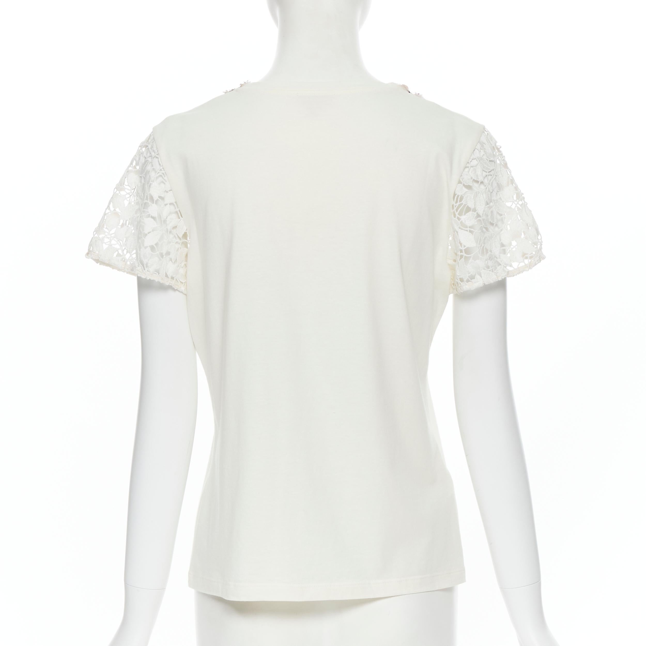 Gray GIAMBATTISTA VALLI cream blossom sequin embellished lace sleeve t-shirt XS