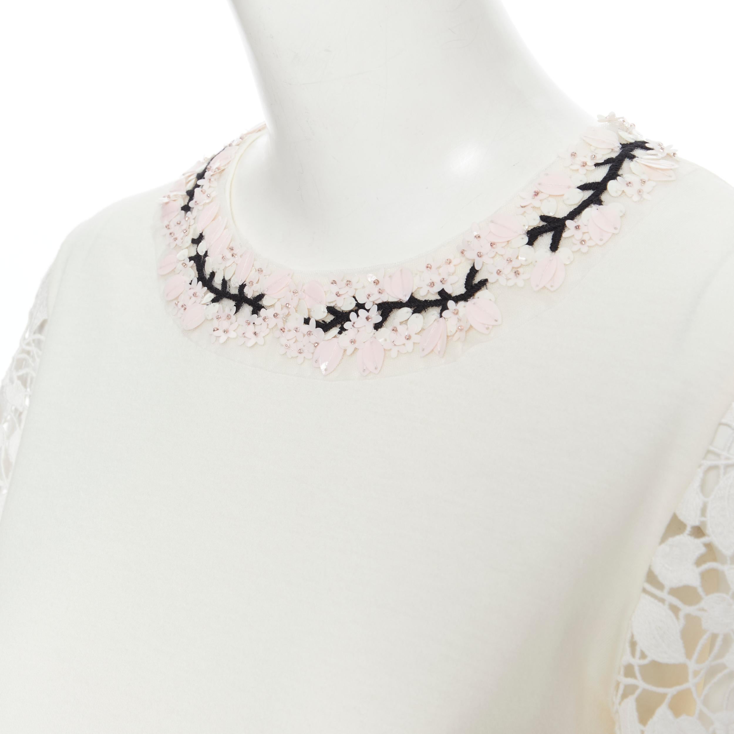 Women's GIAMBATTISTA VALLI cream blossom sequin embellished lace sleeve t-shirt XS