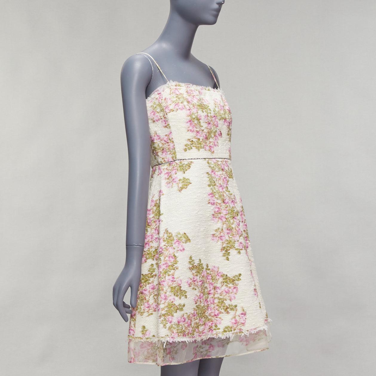 White GIAMBATTISTA VALLI cream purple floral cotton tweed sheer hem dress IT42 M For Sale