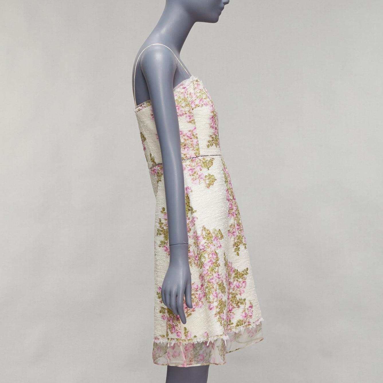 GIAMBATTISTA VALLI cream purple floral cotton tweed sheer hem dress IT42 M In Excellent Condition For Sale In Hong Kong, NT
