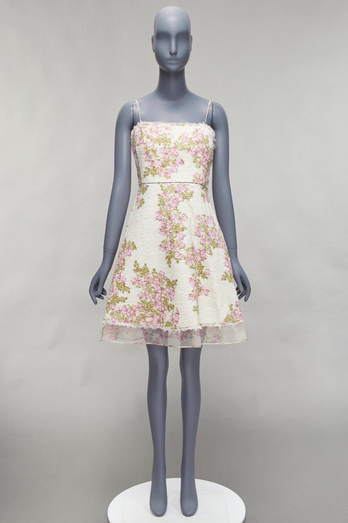 GIAMBATTISTA VALLI cream purple floral cotton tweed sheer hem dress IT42 M For Sale 4