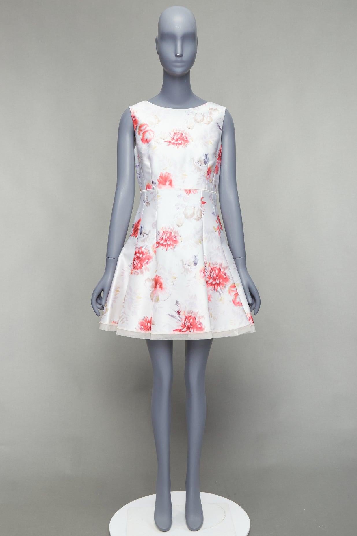 GIAMBATTISTA VALLI crema rojo lila estampado floral tul ajustado vestido acampanado IT42 S en venta 4