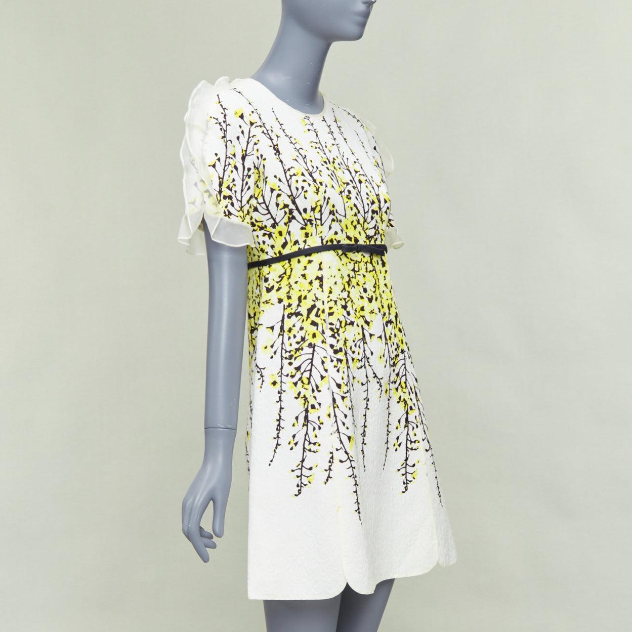 White GIAMBATTISTA VALLI cream yellow floral jacquard flutter dress IT40 XS For Sale