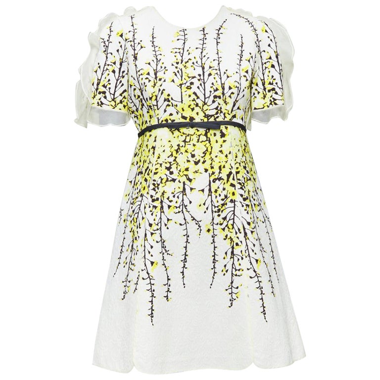 Giambattista Valli Cream Yellow Floral Jacquard Flutter Dress It40 Xs