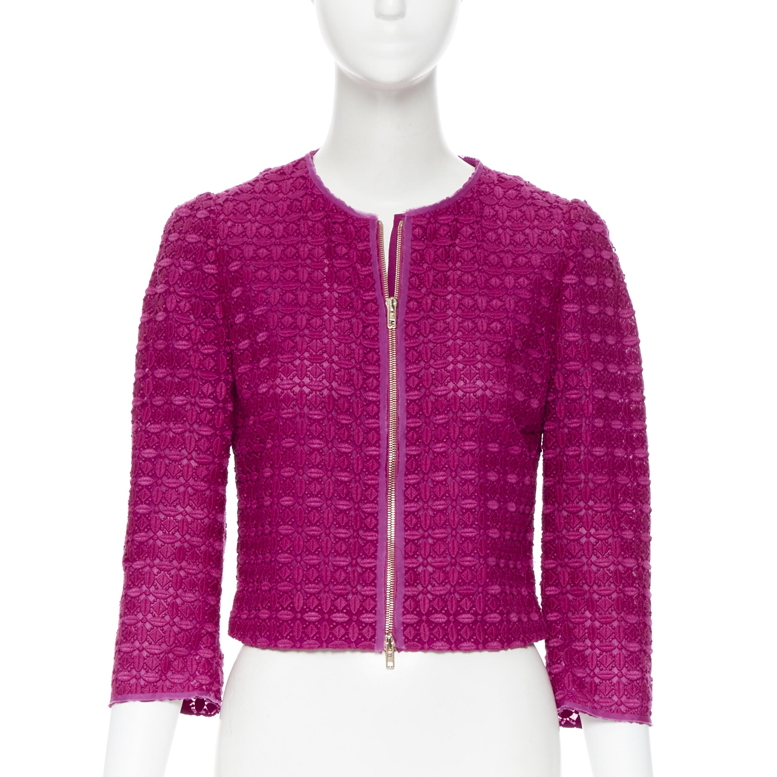 Pink GIAMBATTISTA VALLI fuschia pink embroidery anglais lace 3/4 sleeve jacket XXS