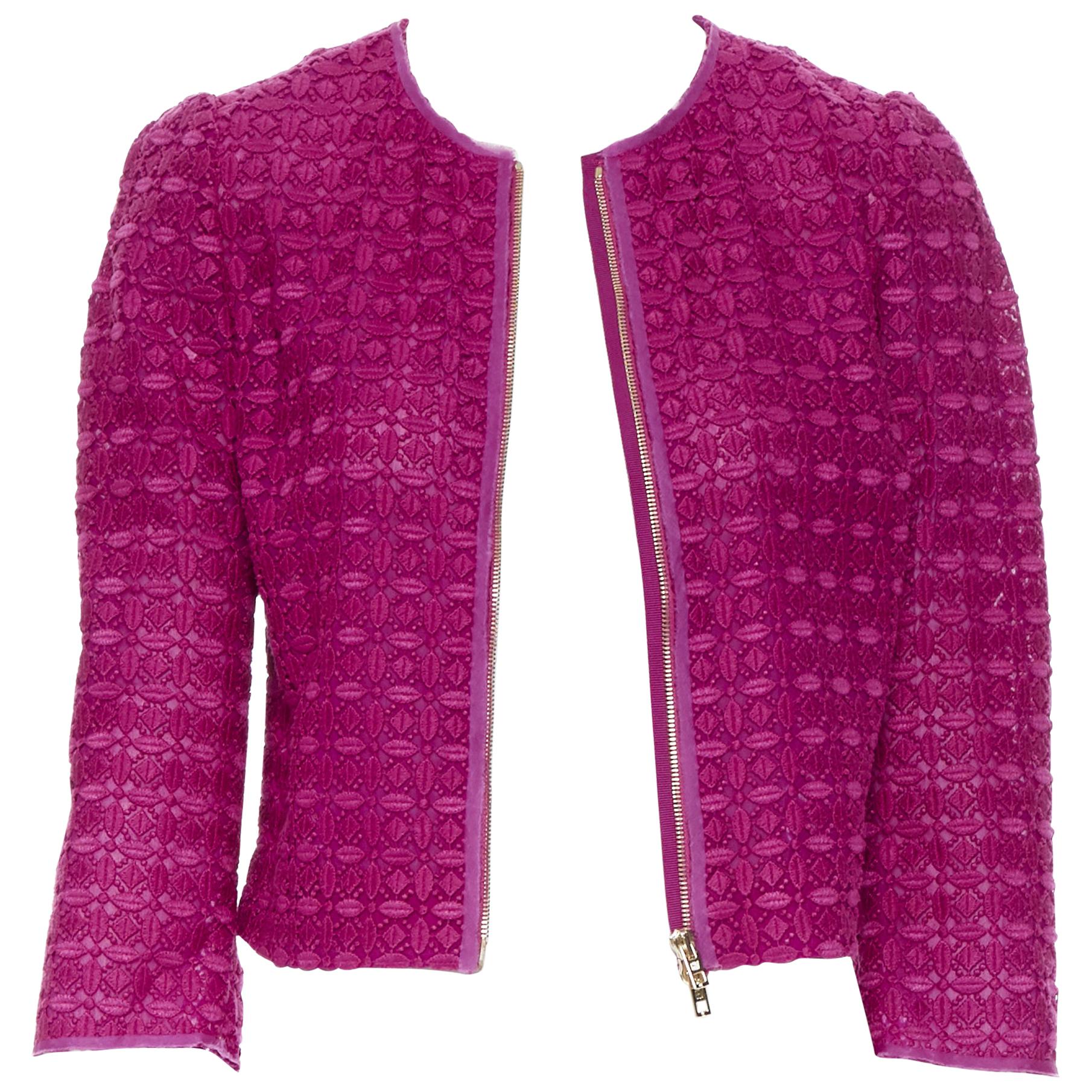GIAMBATTISTA VALLI fuschia pink embroidery anglais lace 3/4 sleeve jacket XXS