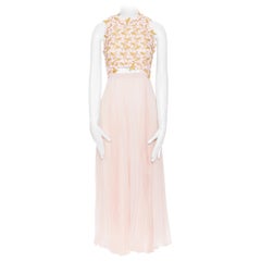 GIAMBATTISTA VALLI gold pink floral lace bodice pleated skirt midi dress IT38