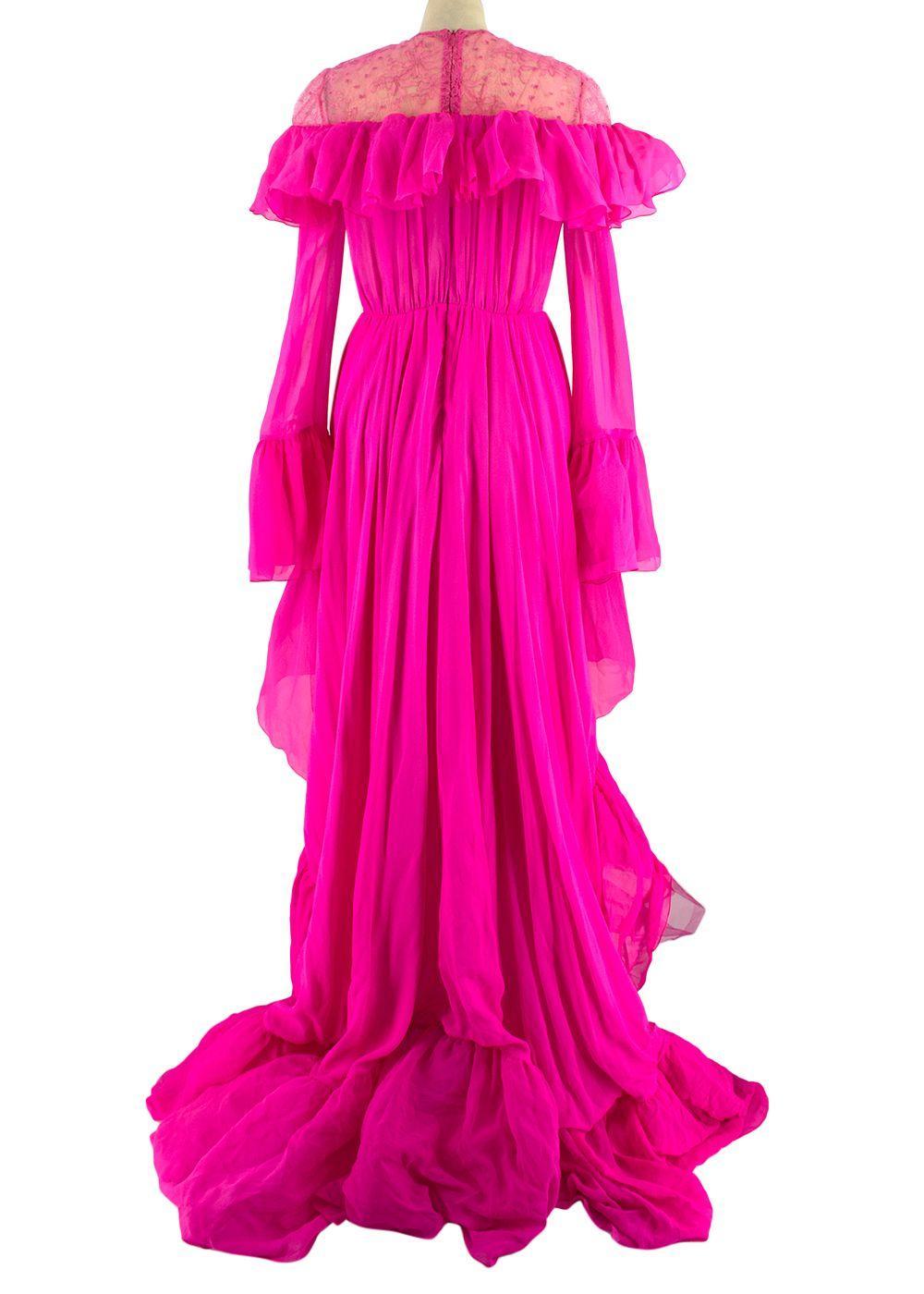 Giambattista Valli Hot Pink Silk Ruffled Gown with Lace Shoulders and Black Bow In Excellent Condition For Sale In London, England