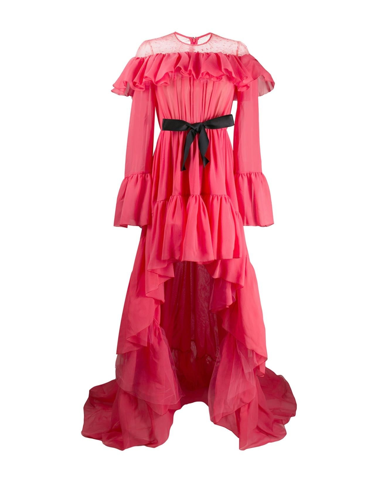Giambattista Valli Hot Pink Silk Ruffled Gown with Lace Shoulders and Black Bow For Sale 3