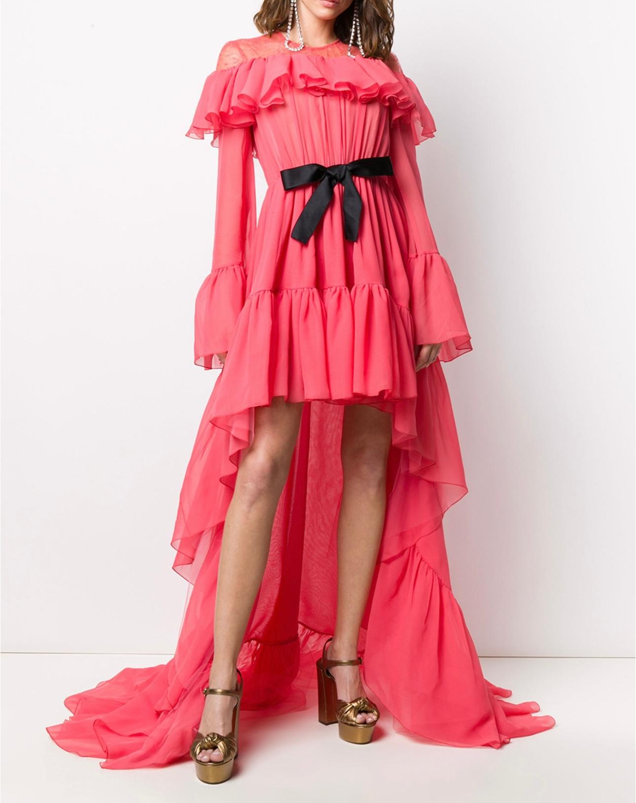 Giambattista Valli Hot Pink Silk Ruffled Gown with Lace Shoulders and Black Bow For Sale 4
