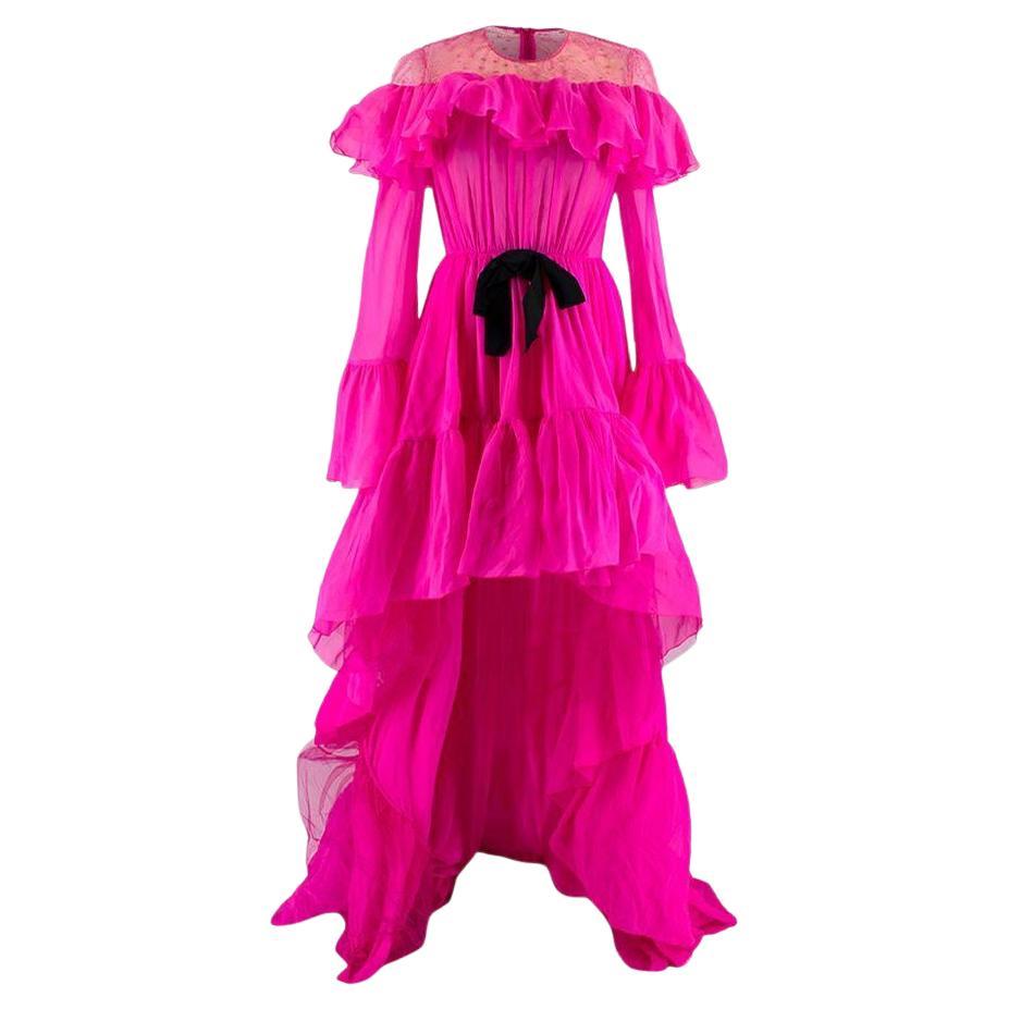 Giambattista Valli Hot Pink Silk Ruffled Gown with Lace Shoulders and Black Bow For Sale