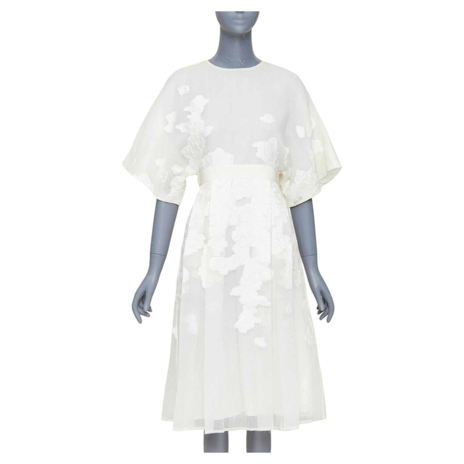 Giambattista Valli, coton et soie ivoire Robe midi plissée à motif floral, taille 40 (XS)