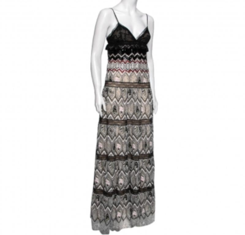 Gris Giambattista Valli - Robe en maille brodée de fleurs multicolores et à volants S en vente