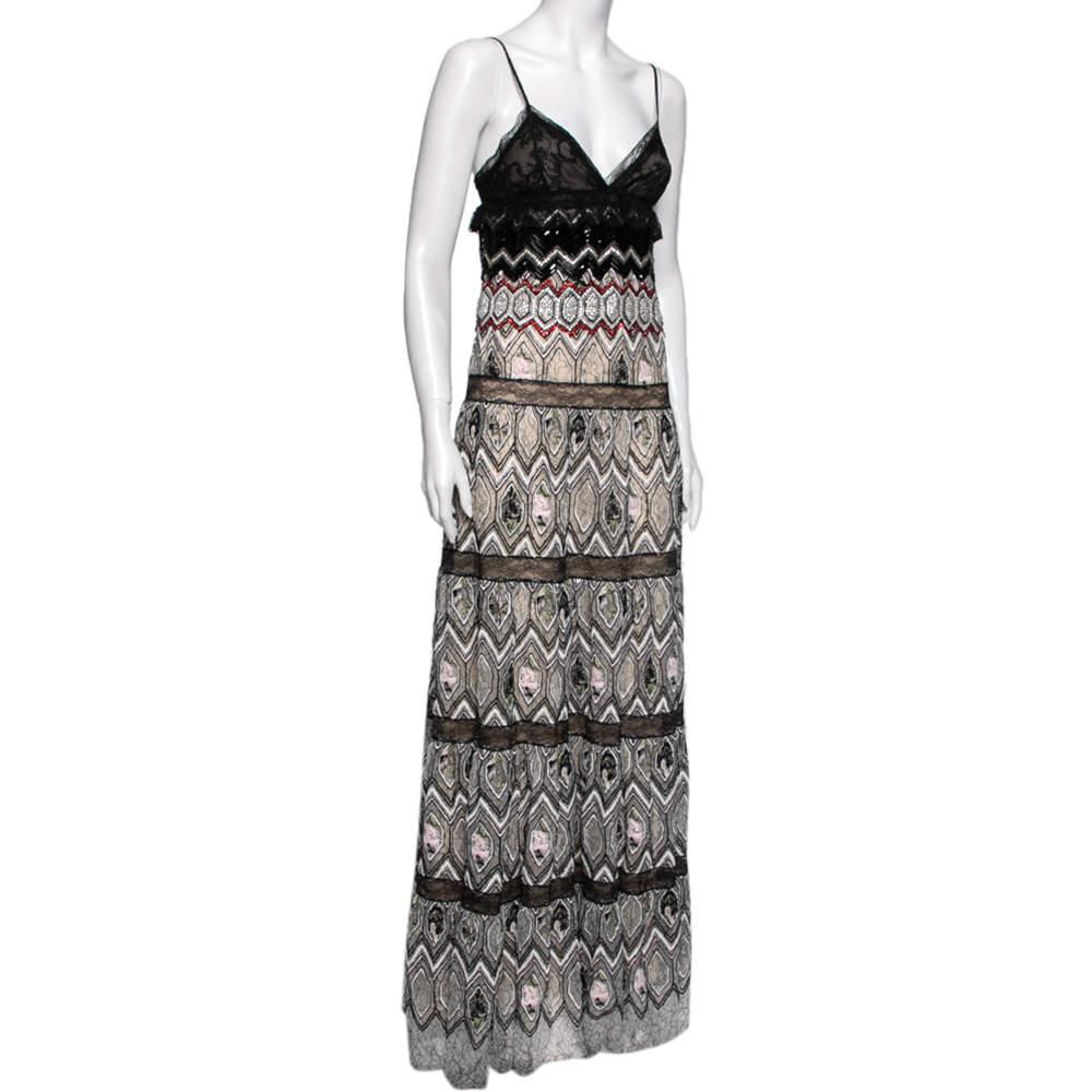 Gray Giambattista Valli Multicolor Mesh Floral Embroidered Ruffle Detail Gown S For Sale